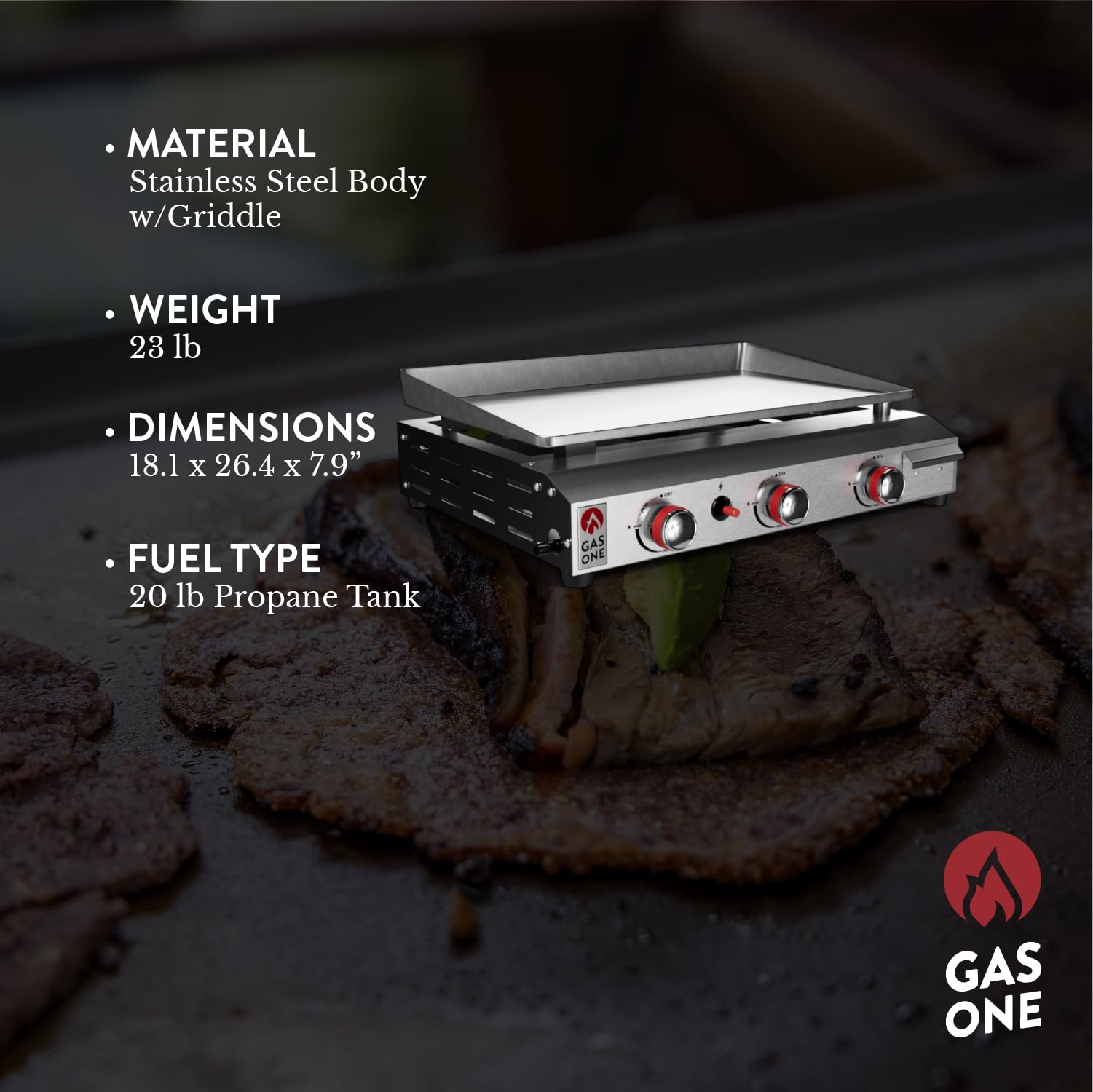 Gas One 3-Burner Flat Top Grill with Auto Ignition - Portable Propane Gas Grill for Outdoor Cooking - Stainless Steel Tabletop Grill with Pre-Seasoned Griddle & Drip Tray - Perfect for Camping, RV Trips, Backyard BBQs, and Tailgating Parties