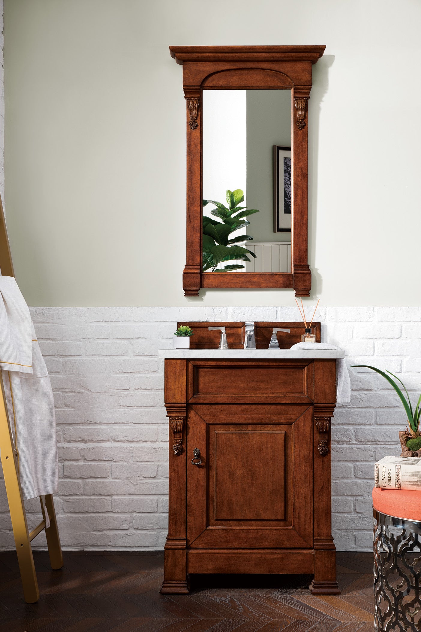 Brookfield 26 Inch Single Bathroom Vanity with Warm Cherry Finish & 3CM Carrara Marble Top - Perfect for Modern Home, Guest Bathroom, and Small Space Renovation