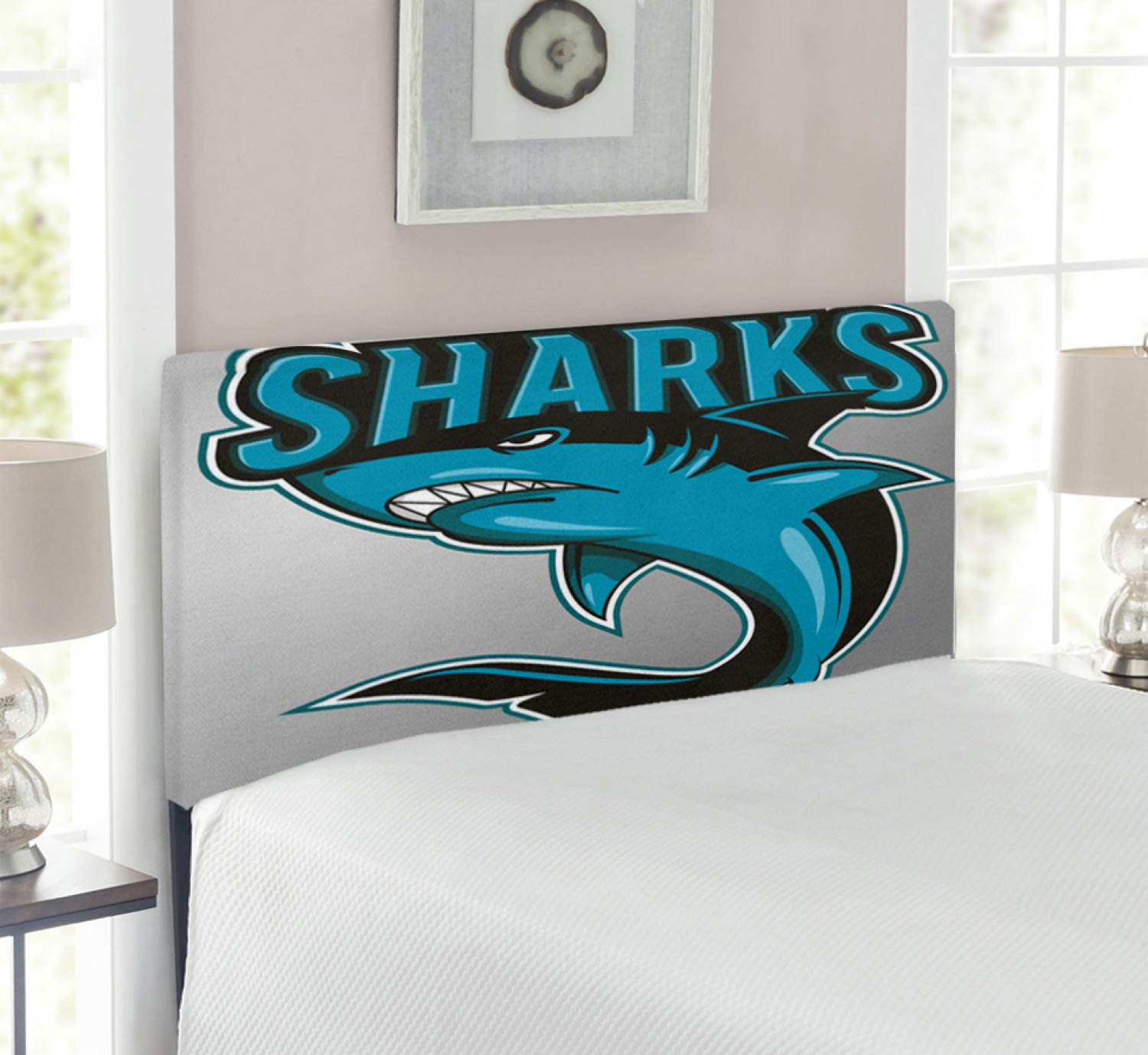 Ambesonne Shark Headboard - Angry Sea Creature Metal Bed Frame with Memory Foam, Twin Size in Petrol Blue, Black & Grey | Upholstered Decorative Headboard for Kids Room, Teen Bedroom & Ocean-Themed Decor
