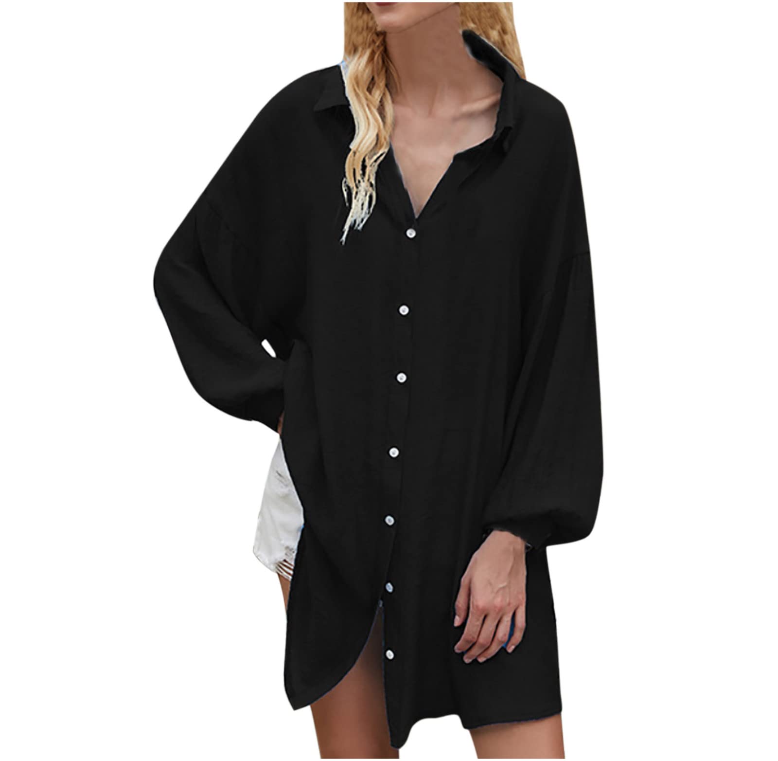 Maqroz Women's Long Sleeve Button Down Shirt - Casual Solid Color V-Neck Lapel Oversized Boyfriend Blouse - Perfect for Work, Date Night & Everyday Wear