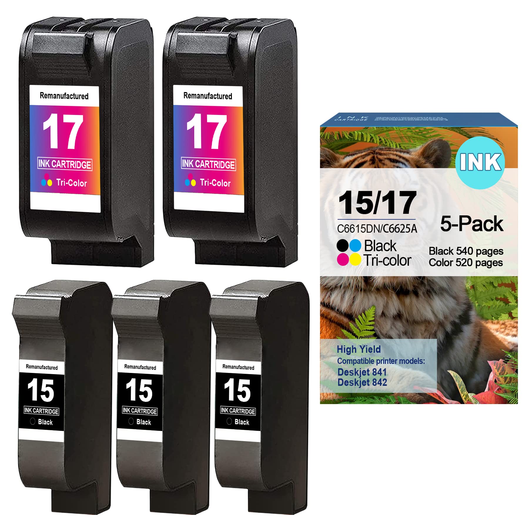 Remanufactured 5-Pack HP Ink Cartridges (3 Black + 2 Tri-Color) - Compatible with HP DeskJet 841 (C8936A) & 842 Printers, Replacement for C6615DN & C6625A - Perfect for Home Office Printing, School Projects & Small Business Documents