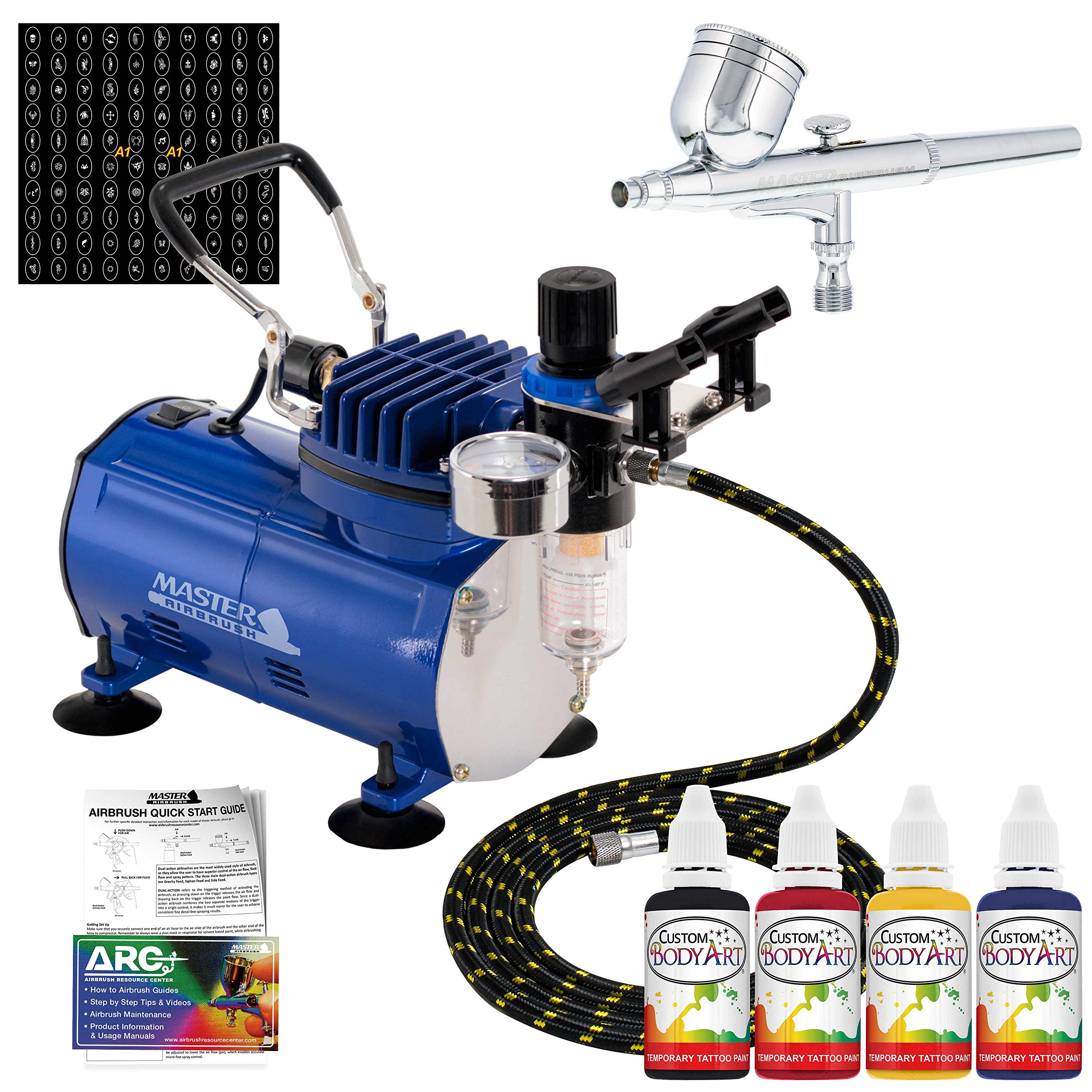 Master Airbrush Tattoo Kit - Professional G22 Airbrush Gun with Compressor, 100 Reusable Stencils, 6ft Hose & 4 Colors Temporary Tattoo Ink (1oz Bottles) - Includes Step-by-Step Training Guide - Perfect for Body Art, Costume Parties, Halloween & Special Events
