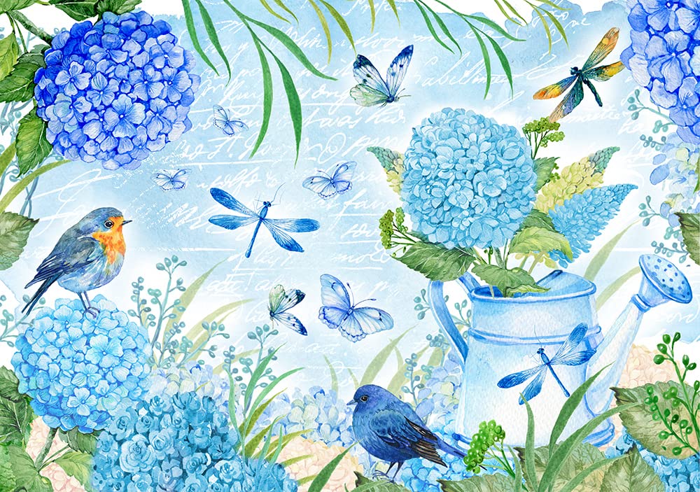 Vintage Decoupage Rice Paper A4 - Blue Hydrangea & Bird Design (Hydrangea Garden, 2 Sheets) | Perfect for Scrapbooking, Card Making & DIY Home Decor