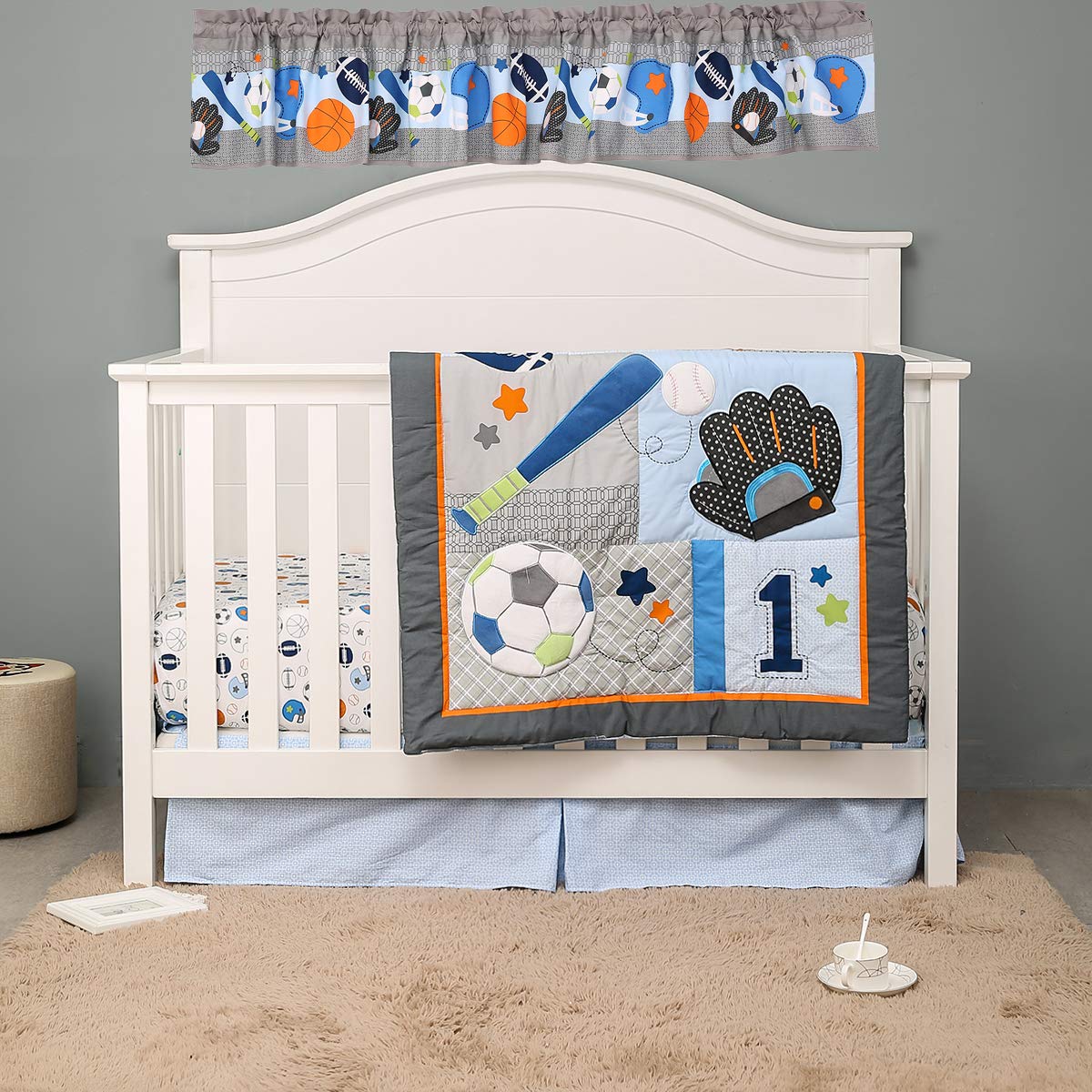 4-Piece Blue Grey Sports Nursery Crib Bedding Set for Baby Boys - Includes Quilt, Fitted Sheet, Skirt & Window Valance | Perfect for Sports-Themed Nursery Decor & Baby Shower Gifts