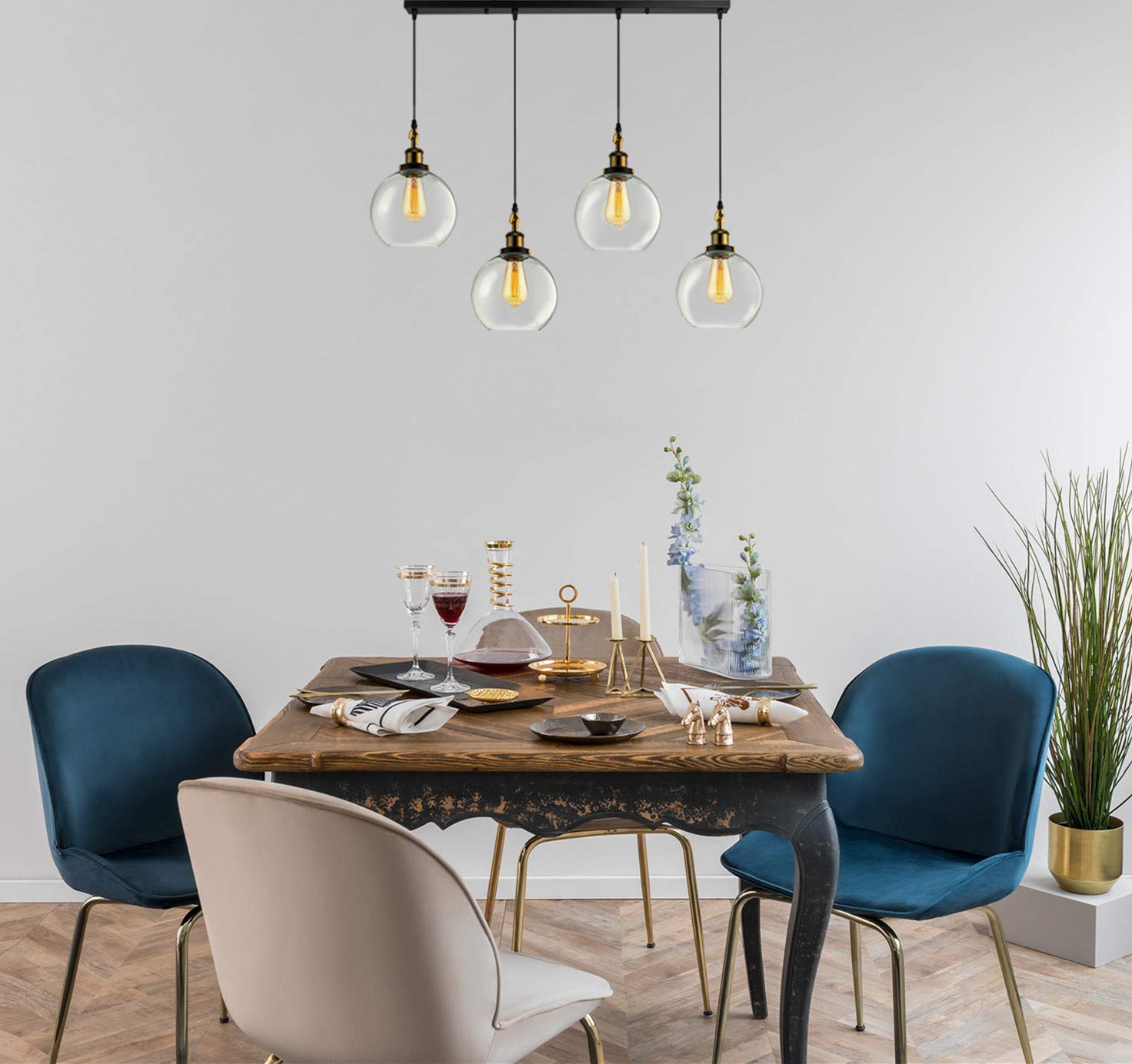 XINDAR 4-Light Industrial Linear Chandelier - Clear Glass Hanging Pendant Lighting for Kitchen Island with Antique Brass & Black Finish - Perfect for Modern Farmhouse, Industrial & Contemporary Dining Rooms