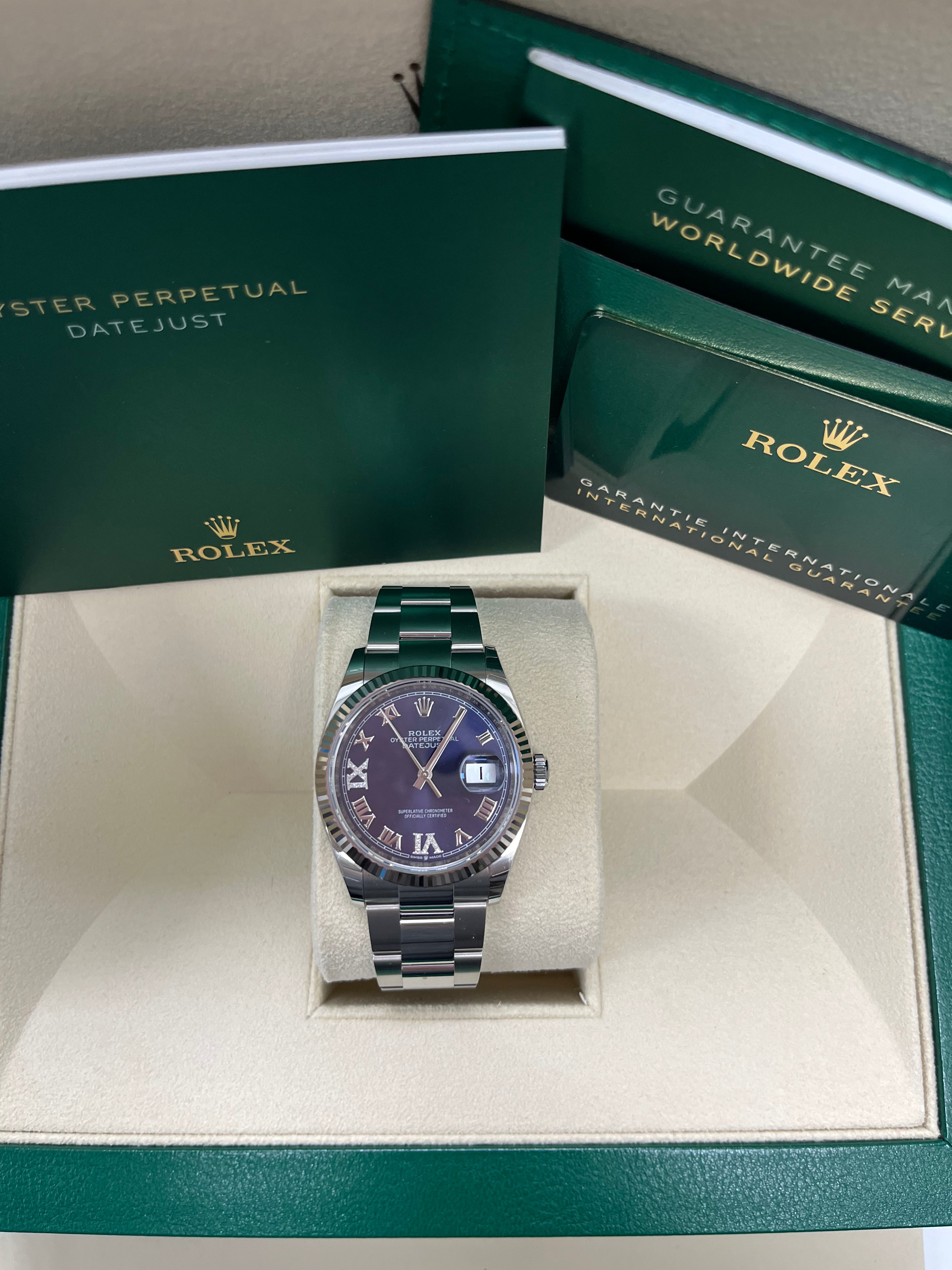 Rolex Datejust 36 Watch - Fluted Bezel, Aubergine Purple Dial with Diamond Roman VI & IX Markers, Oyster Bracelet (Ref# 126234) | Luxury Timepiece for Men & Women, Perfect for Business, Formal Events & Special Occasions