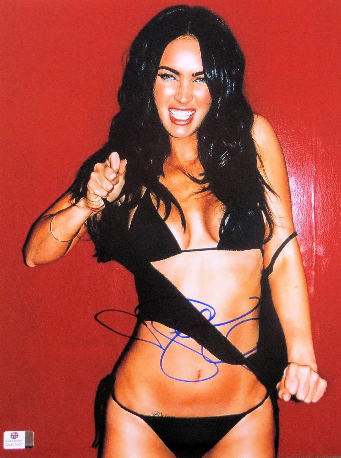 Megan Fox Autographed 11x14 Photo - Signed Black Bikini Picture with Smile - GV801600 - Perfect for Collectors, Fans, and Home Decor