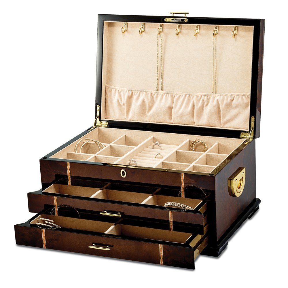 High Gloss Rustic Burlwood Jewelry Box with Walnut Inlay - 2 Drawer Storage Chest for Rings, Necklaces & Earrings | Perfect for Bedroom Dresser, Vanity Organizer & Gift