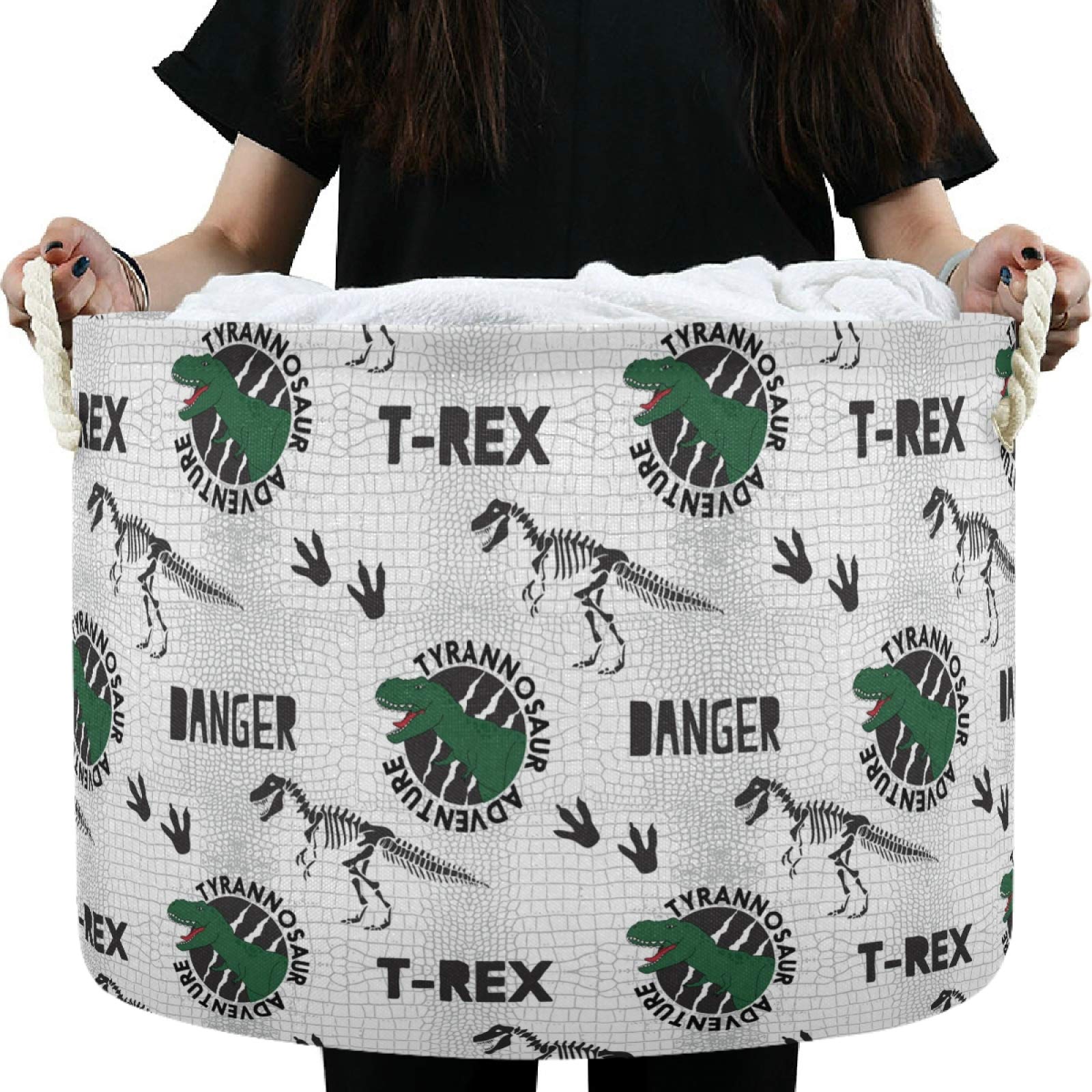 Dino Danger Animal Nursery Storage Basket - Canvas Fabric Toy Organizer Bin for Kids Room, Playroom, Shelves & Laundry | Perfect for Toy Storage, Baby Clothes & Gift Giving