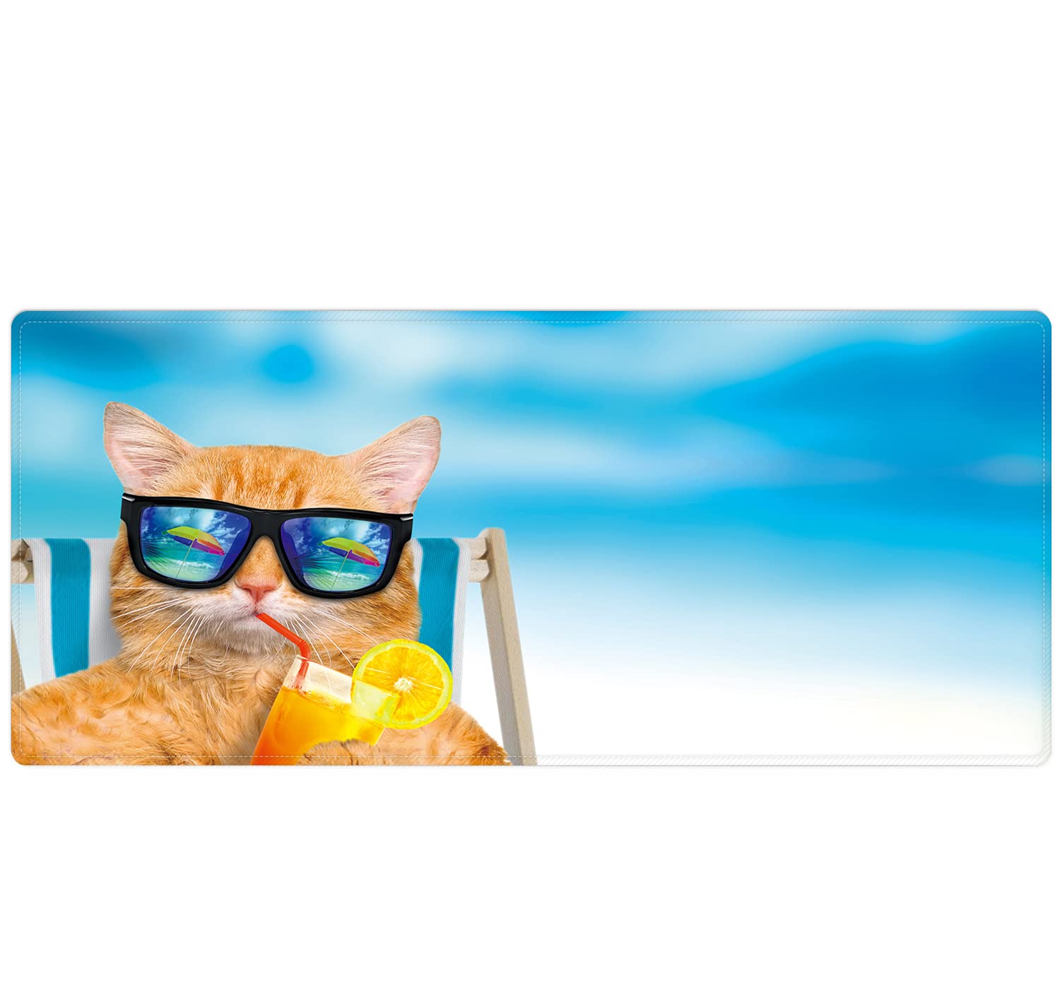 XXL Extended Gaming Mouse Pad - Non-Slip Rubber Base & Stitched Edges (35.4 x 15.7 Inch) Cute Cat on Beach Chair Design - Perfect for PC, Laptop, Office & Home Desk Setup - Ideal Gift for Gamers, Women, Girls & Men