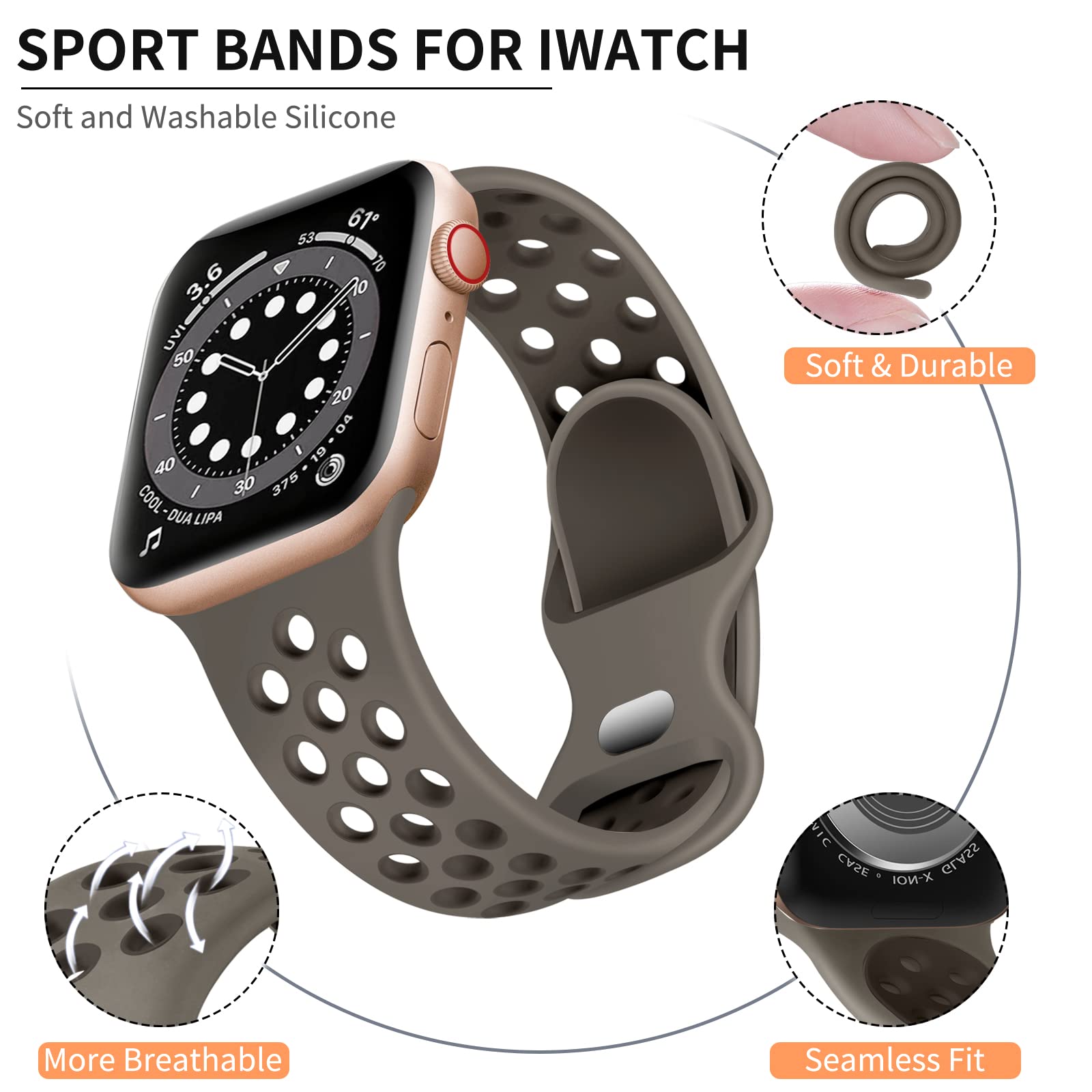 Lerobo Soft Silicone Sport Bands Compatible with Apple Watch Series 10/9/8/7/SE/6/5/4/3/2/1 & Ultra 2 (38mm/40mm/41mm/42mm/44mm/45mm/46mm/49mm) - Olive Grey & Coffee Grey - Comfortable Strap for Women & Men - Perfect for Workouts, Running & Daily Wear