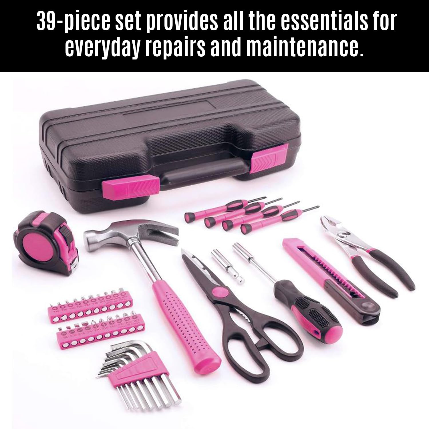 39-Piece Pink Tool Kit Set - Essential DIY Home Repair Tools for Household, College Students, Women & Men | Perfect for Small Fixes, Apartment Maintenance & Craft Projects
