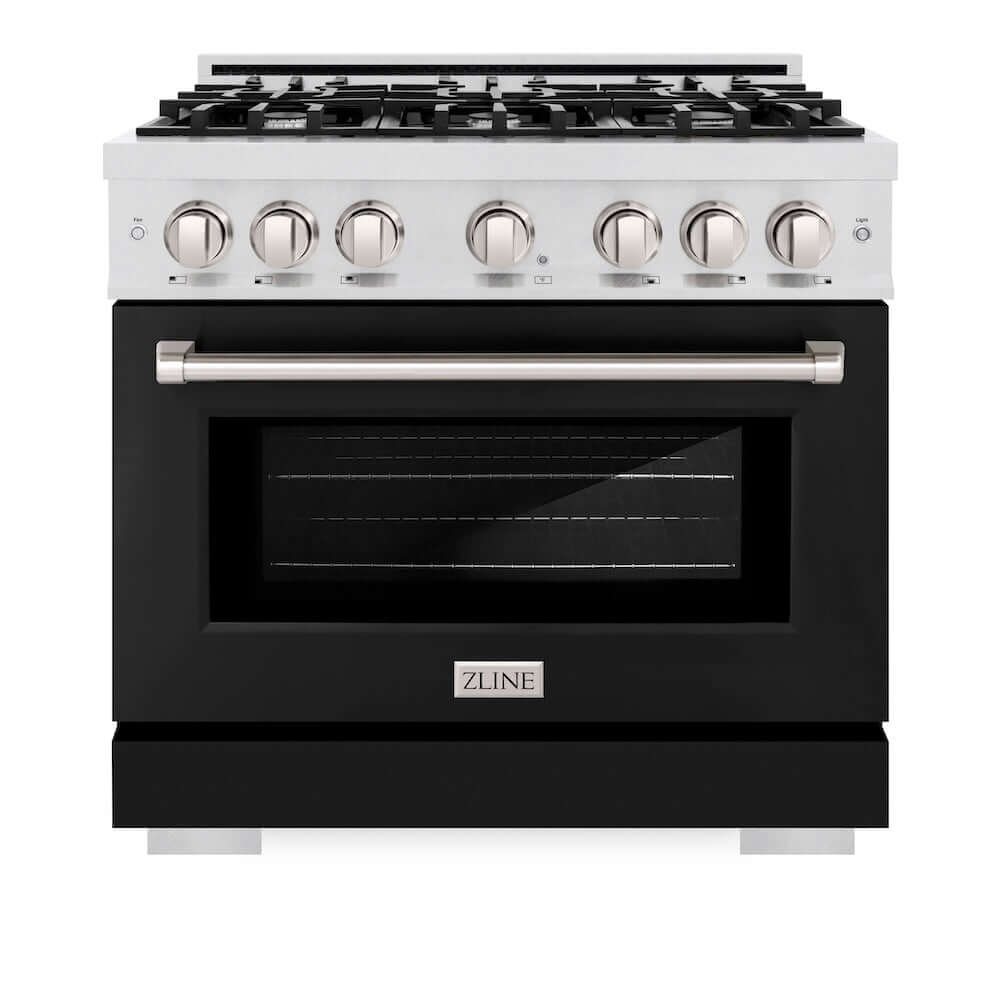 ZLINE 36-Inch 5.2 cu. ft. Gas Range with 6 Burner Cooktop & Convection Oven - Satin Stainless Steel & Black Matte Door (HGRS BLM 36) | Perfect for Home Chefs & Modern Kitchens