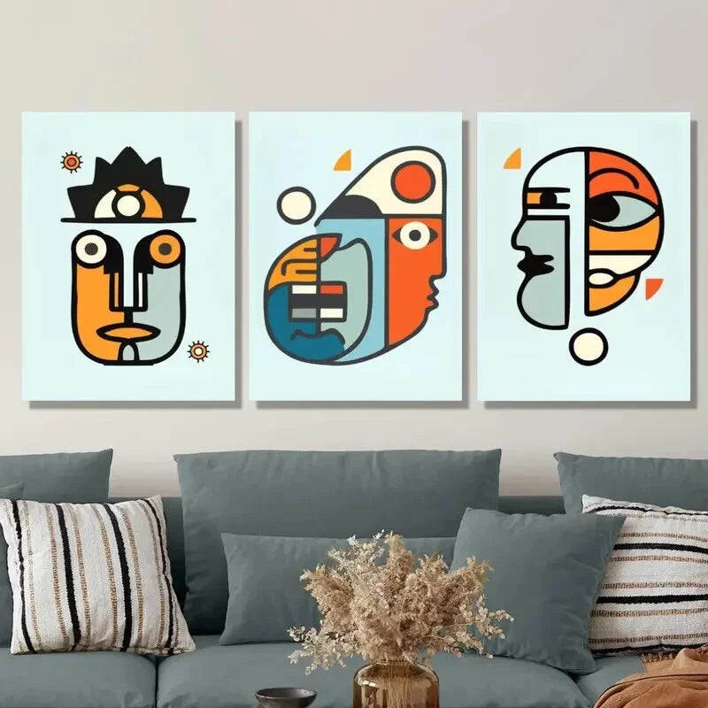 3-Piece Abstract Cartoon Human Face Metal Wall Art Prints - Ready to Hang Modern Home Decor for Living Room, Bedroom & Office