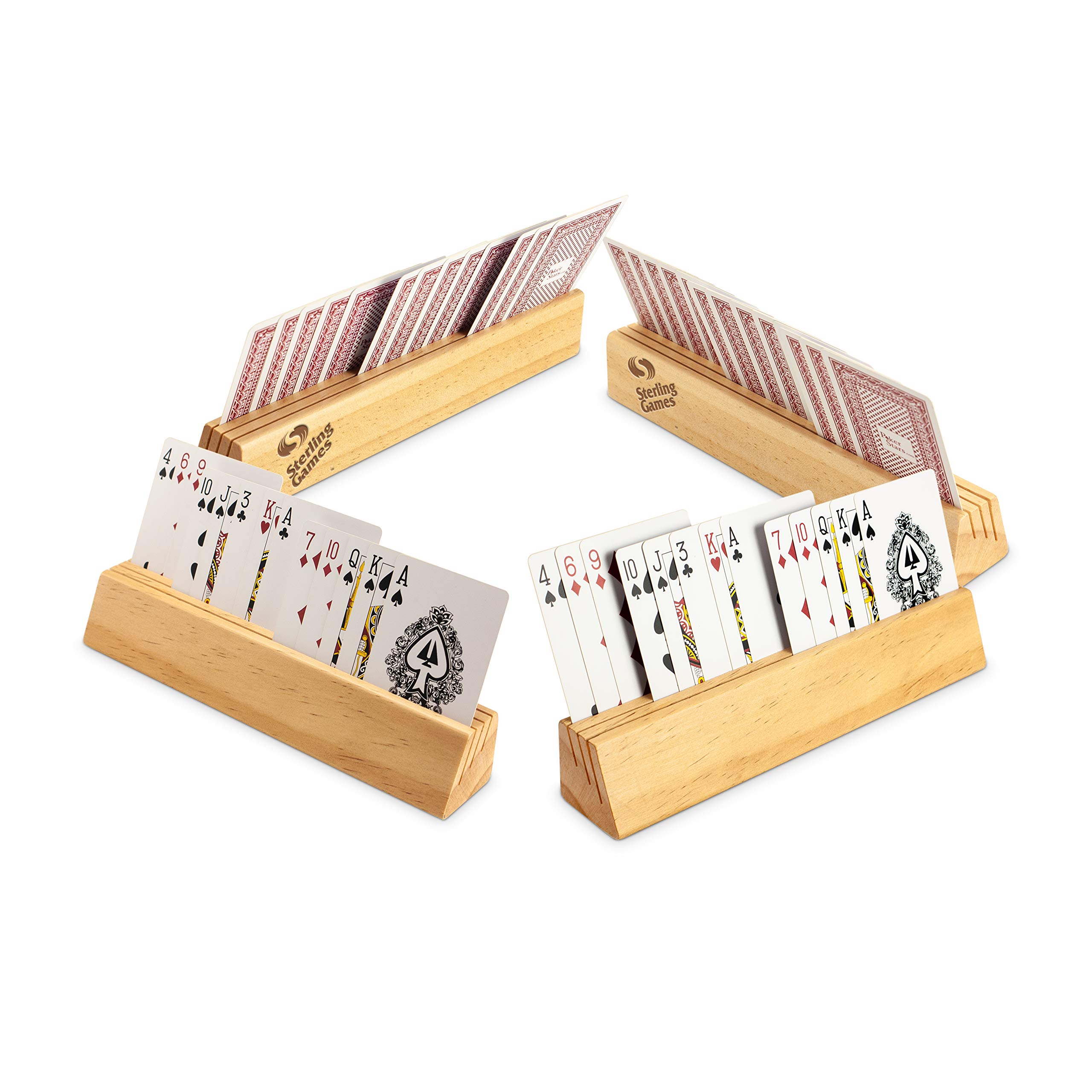 Sterling Games Wooden Playing Cards Holder Set of 4 - Card Holders for Kids, Seniors & Adults - Card Tray Rack Stand for Poker, Blackjack, Uno & Board Games - Perfect for Family Game Nights & Parties