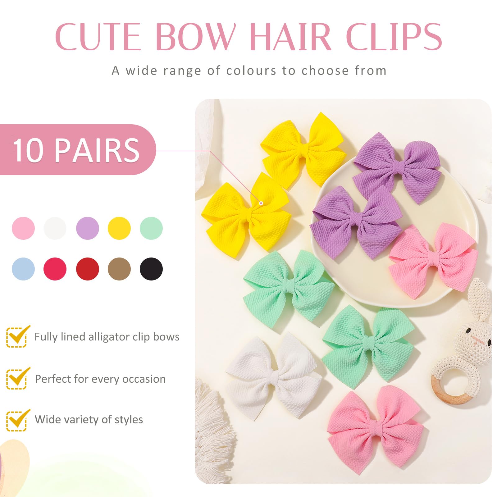 10 Pairs Hair Bows for Girls - Soft Twill Fabric Hair Clips for Toddlers & Baby Girls - Perfect for School, Parties & Daily Outfits