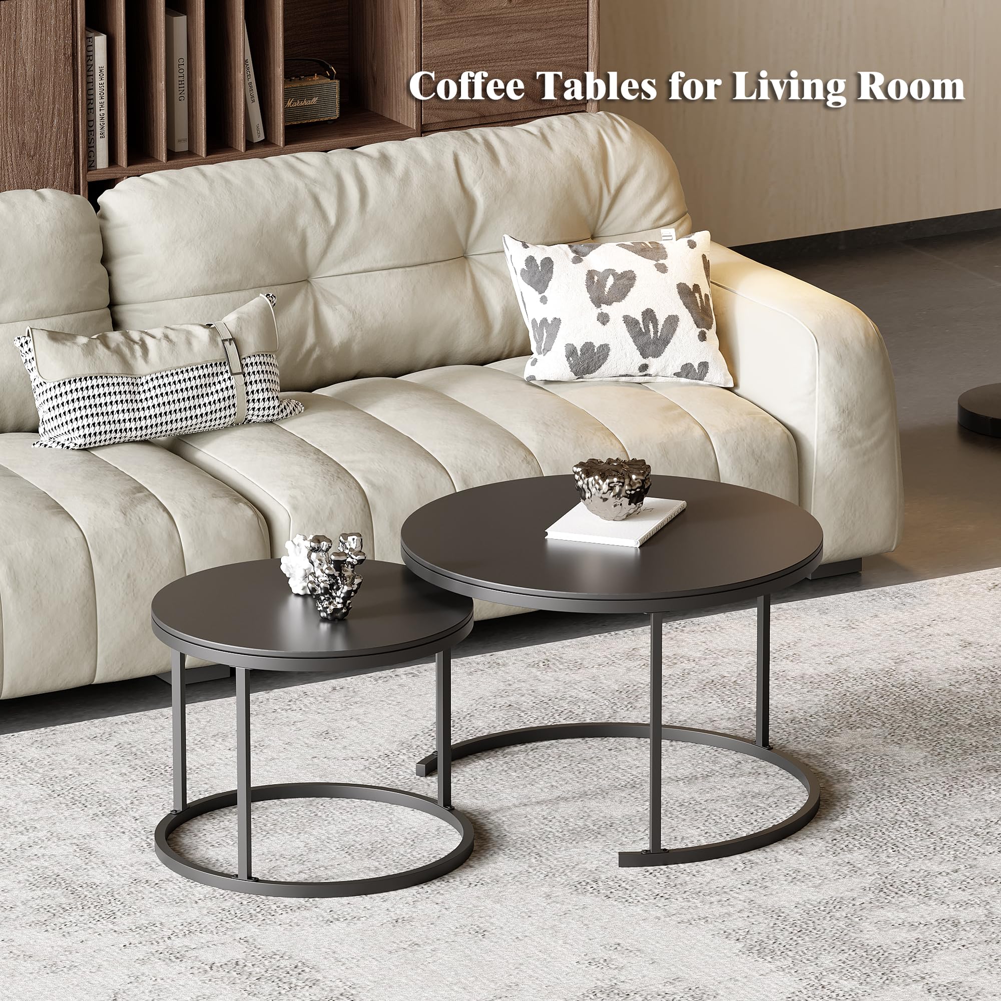 Modern Round Nesting Coffee Table Set of 2 - Black Sintered Stone Top with Sturdy Metal Frame - Living Room Center Table for Small Spaces | Perfect for Apartments, Condos & Cozy Home Decor