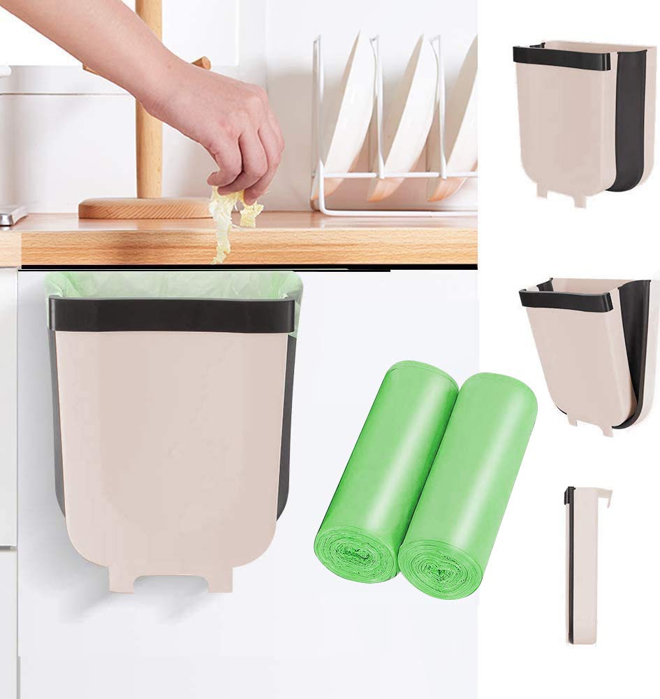Foldable Hanging Trash Can for Kitchen Cabinet Door - 9L/2.4 Gallon Collapsible Garbage Bin with Bags - Space Saving Trash Holder for Bedroom, Office, Home & Outdoor Use - Perfect for Small Spaces & RV Travel (Coffee)