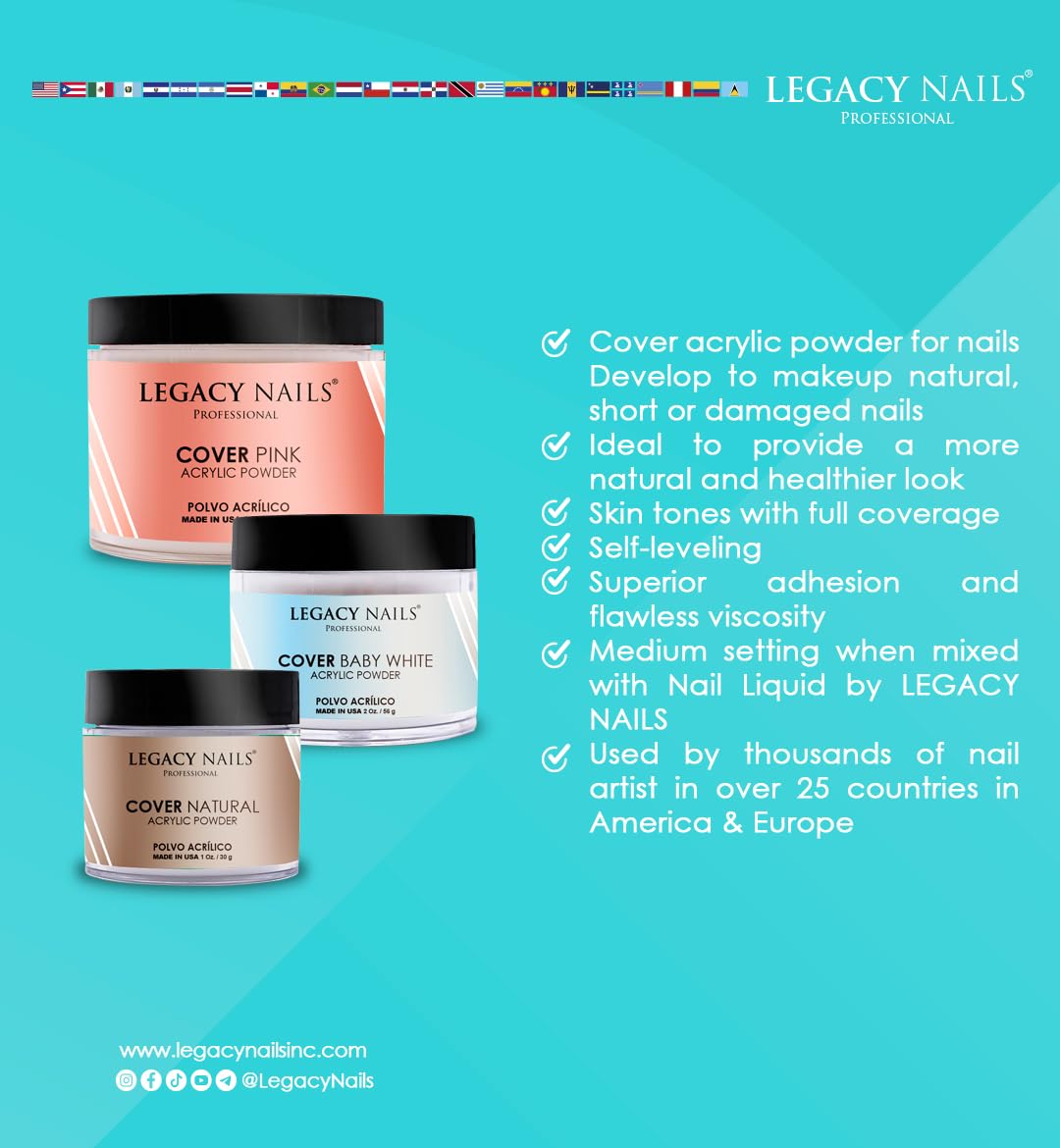 Legacy Nails Professional Cover ROSE Acrylic Powder - 2oz for French Manicure, Nail Extensions & Natural-Looking Nail Art | Salon-Quality DIY Nails at Home
