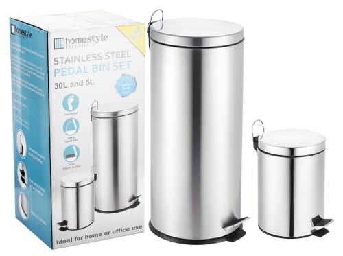 Stainless Steel Pedal Trash Can Set - 30L + 5L Round Kitchen Garbage Bin with Plastic Inner Bucket (2-Pack) | Perfect for Home, Office & Restaurant Waste Disposal