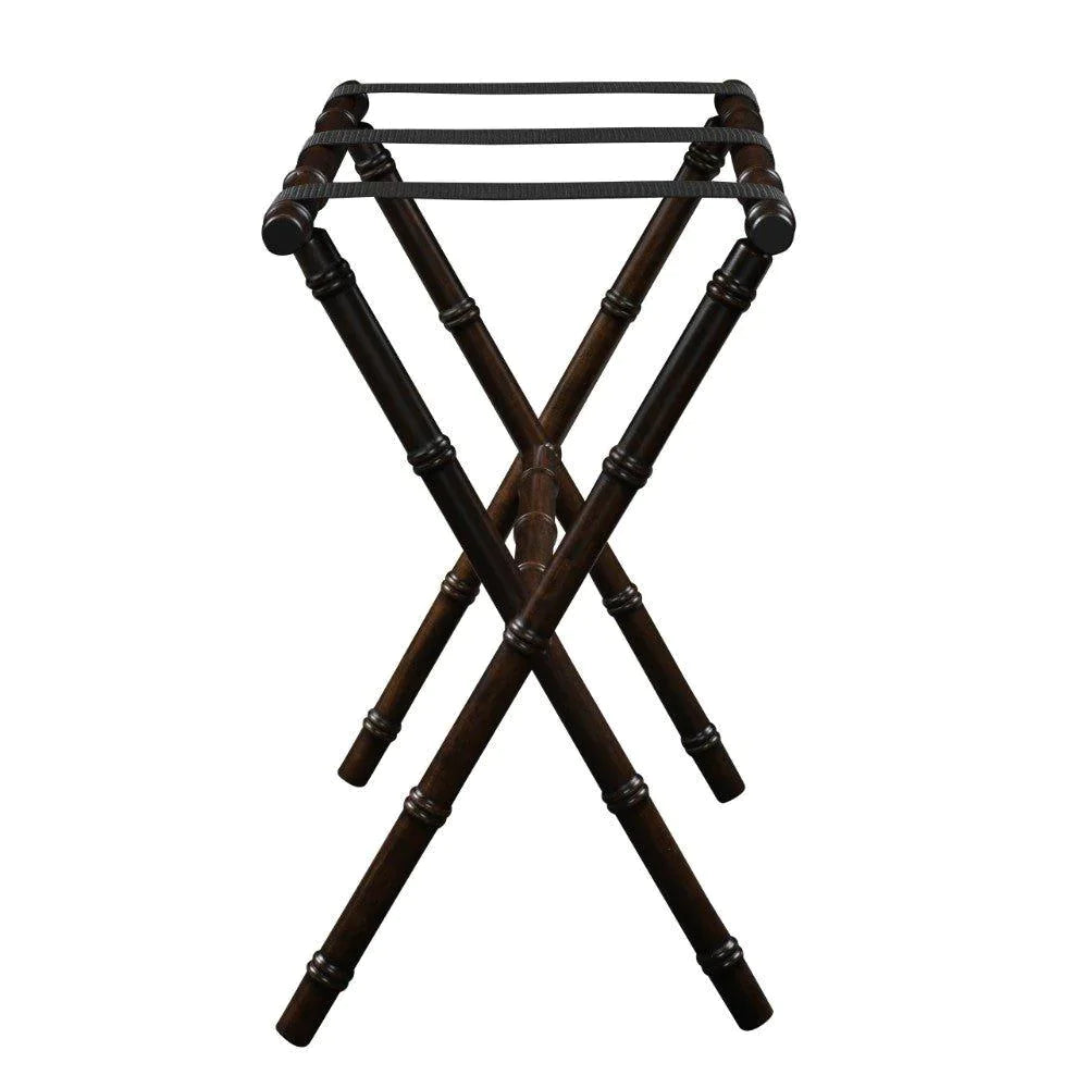 Dark Walnut Bamboo-Inspired Wooden Luggage Rack with 3 Adjustable Black Nylon Straps - Sturdy Suitcase Stand for Bedroom, Hotel, or Travel Storage
