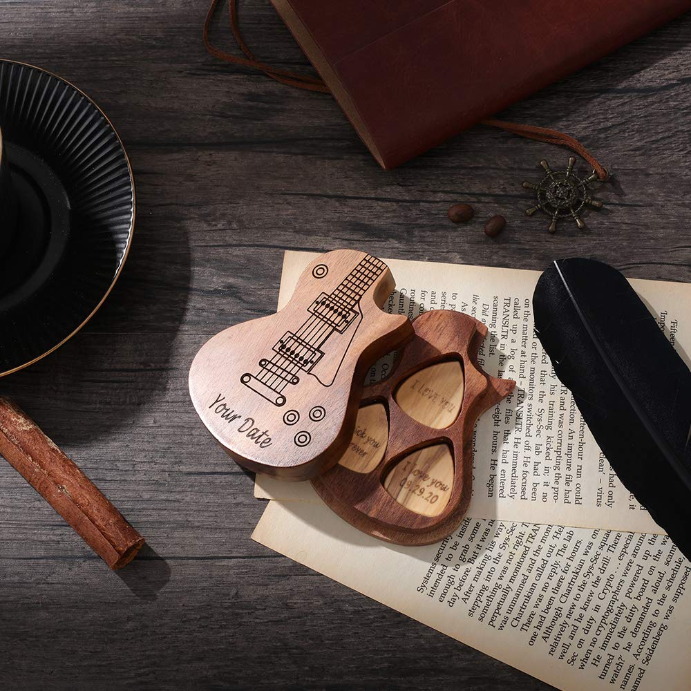 Personalized Wooden Guitar Pick Box with 3 Premium Wooden Picks - Acoustic Electric Bass & Ukulele Accessories - Unique Music Gift for Guitar Players & Boyfriends - Perfect for Practice, Performances & Music Lovers