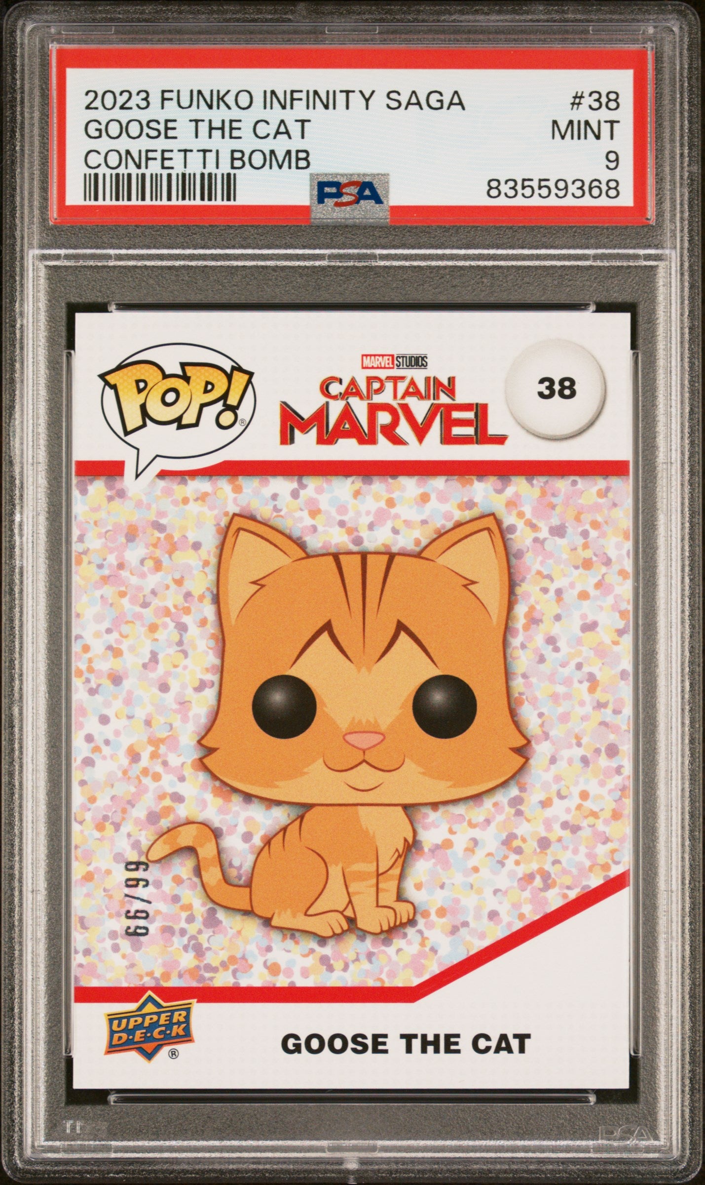2023 Upper Deck Funko Pop Marvel Goose the Cat Confetti Bomb #38 PSA 9 - Collectible Pop Vinyl Figure for Marvel Fans & Display Decor