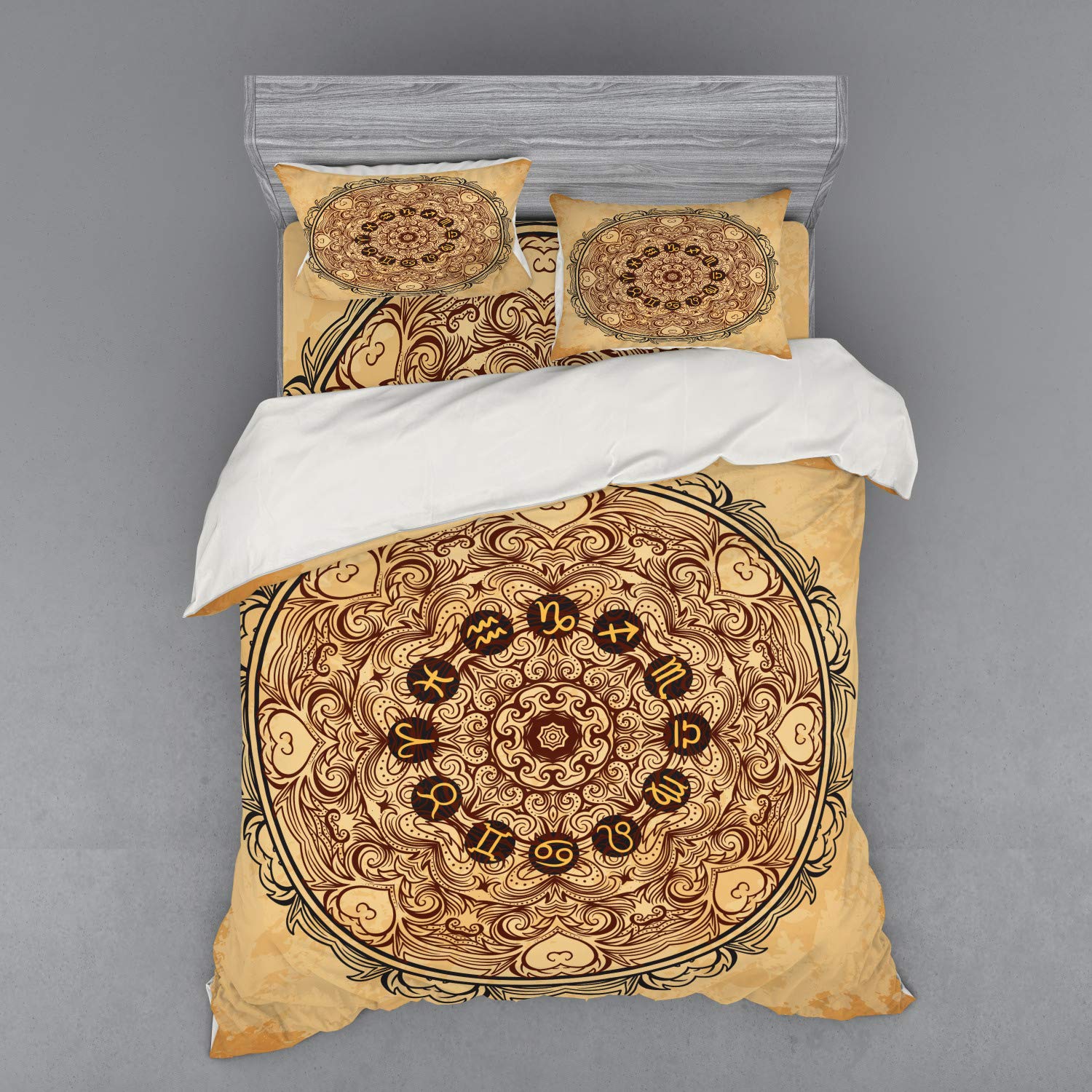Ambesonne Zodiac Bedding Set - 4 Piece Queen Size Duvet Cover with Shams & Fitted Sheet, Micro Cosmos Universe Design with Eastern Lace Mandala & Zodiac Signs on Grunge Backdrop, Brown Tan - Perfect for Astrology Lovers' Bedroom Decor & Boho Chic Home Styling