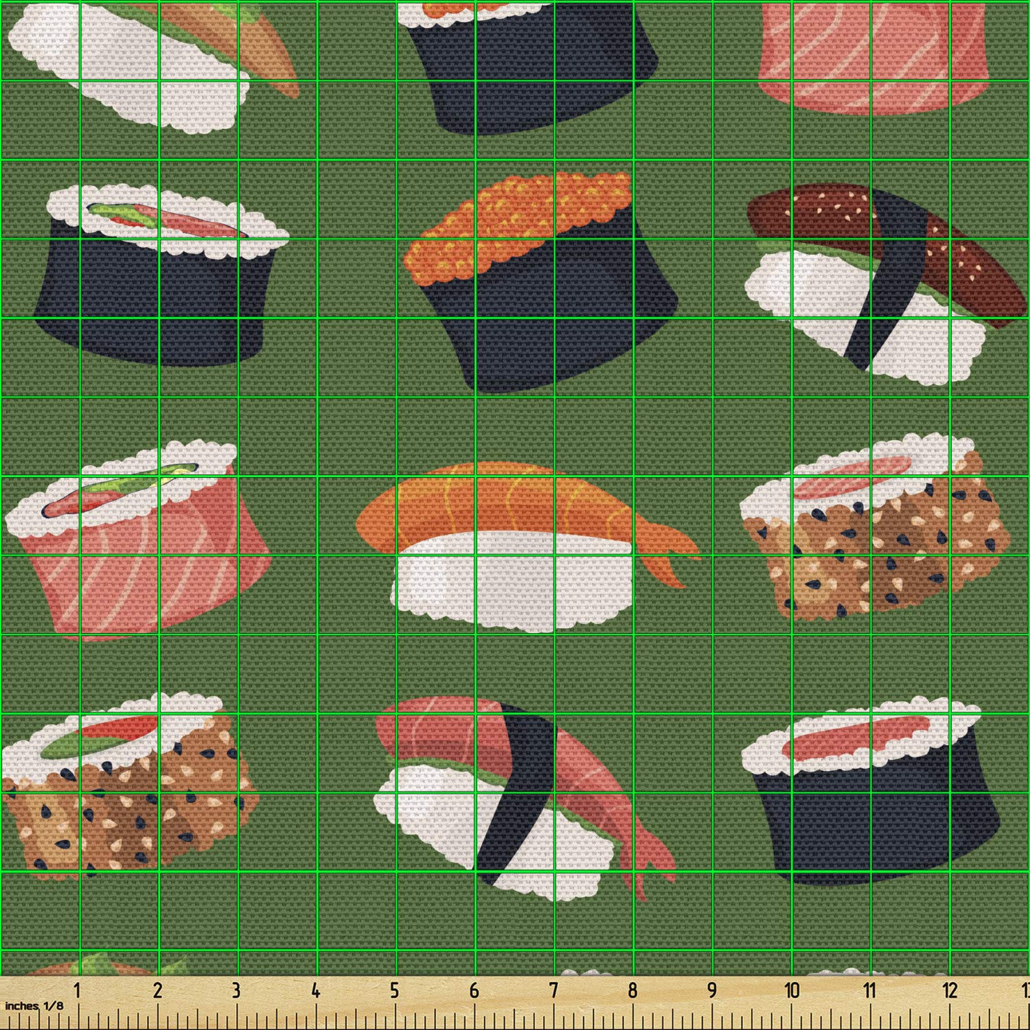 Ambesonne Sushi Print Fabric by The Yard - Traditional Sushi Rolls with Rice, Raw Fish & Veggies in Seaweed Design - 2 Yards Green Navy Upholstery Fabric for Sofa, Curtains & Home Decor (Seafood Themed)