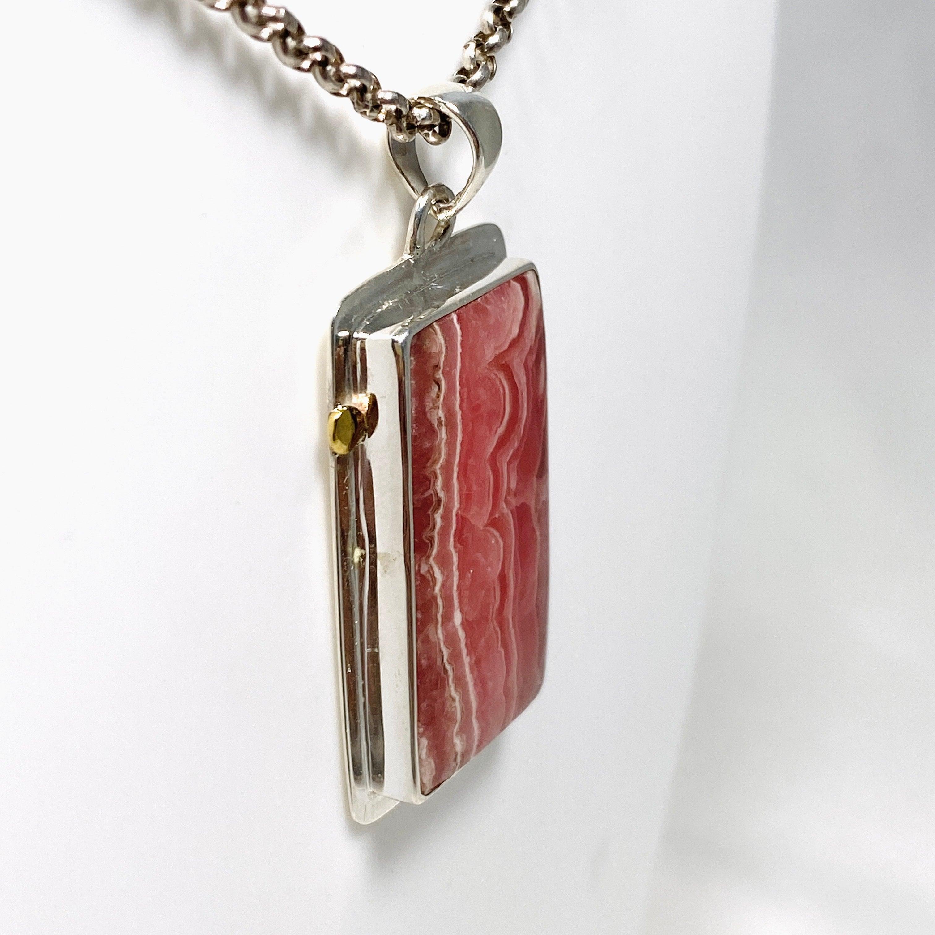 Rhodochrosite Rectangular Pendant with Brass Accents KPGJ4324 - Elegant Gemstone Jewelry for Women, Gift for Her, Perfect for Valentine's Day & Anniversary