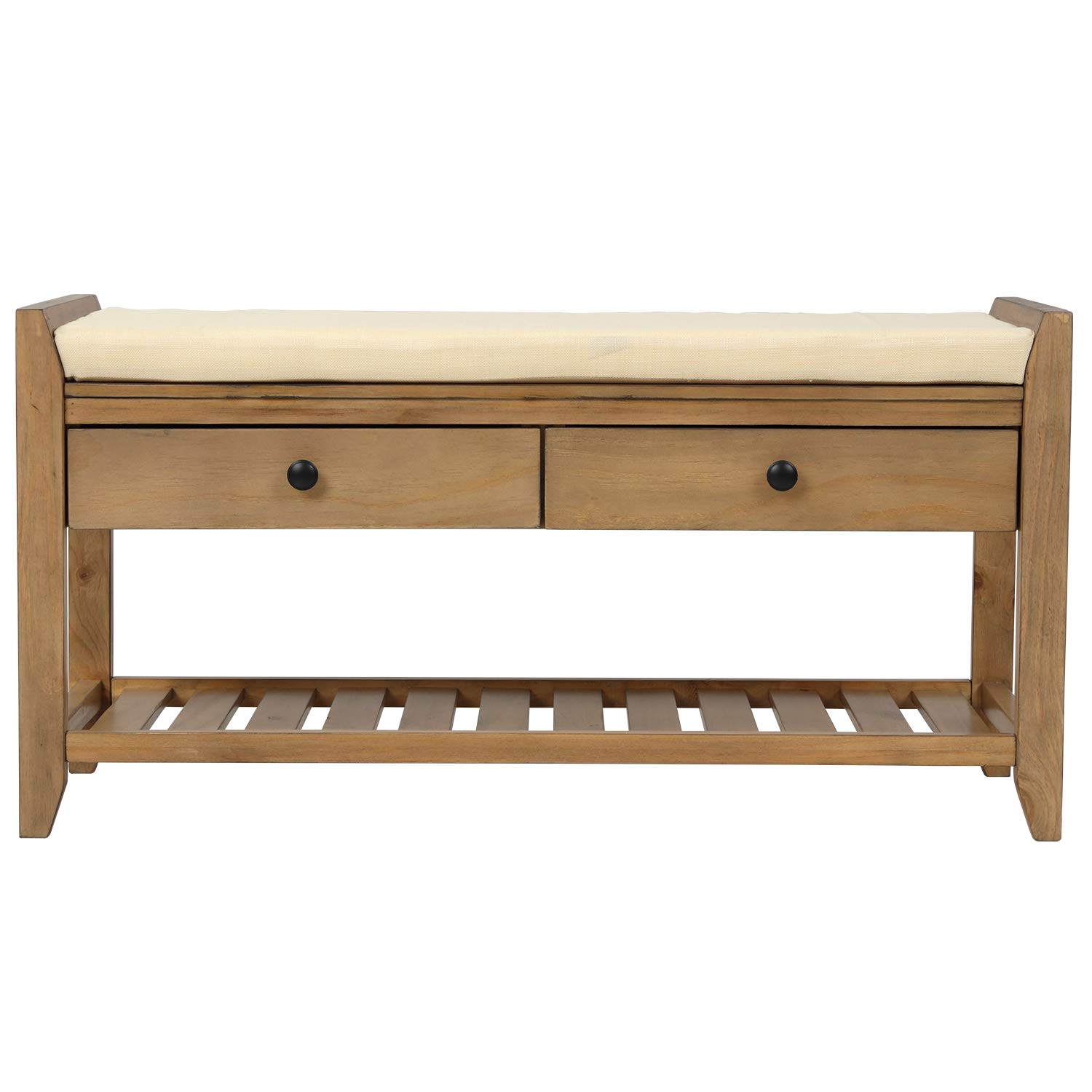 Multipurpose Shoe Storage Bench with Cushioned Seat - 2 Drawers & Shelf Cabinet for Entryway, Living Room, Bedroom - Old Pine Finish | Perfect for Organizing Shoes, Coats & Home Decor in Hallways & Small Spaces