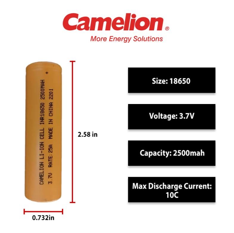 Camelion 18650 Rechargeable Battery 2500mAh 20A High Drain - Perfect for Flashlights, Vape Mods, and Power Tools