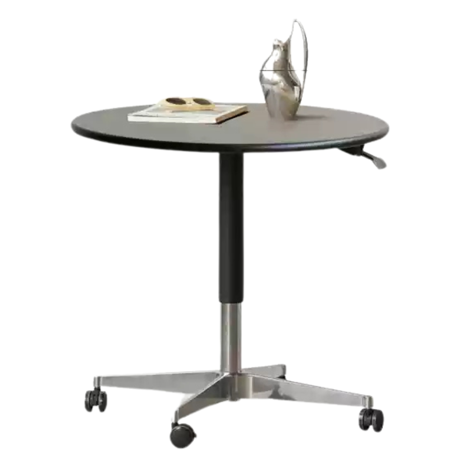 27.5x27.5x22-32.2 inch / 70x70x56-82cm / Smoky color / solid wood round table (black and silver metal legs)