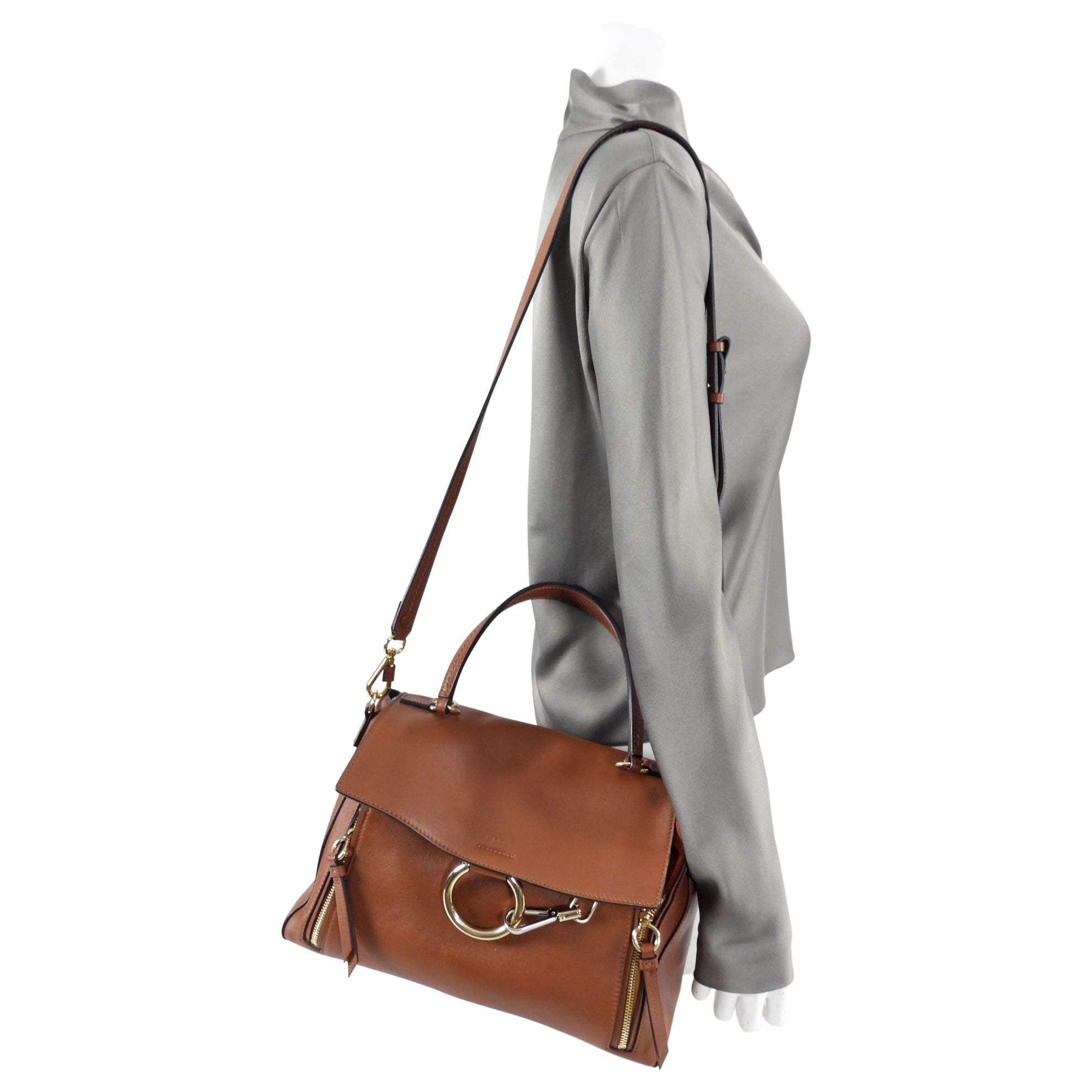 Chloe Faye Day Medium Double Carry Bag in Tan Leather - Premium Genuine Leather Shoulder Bag for Women - Perfect for Work, Travel & Everyday Use