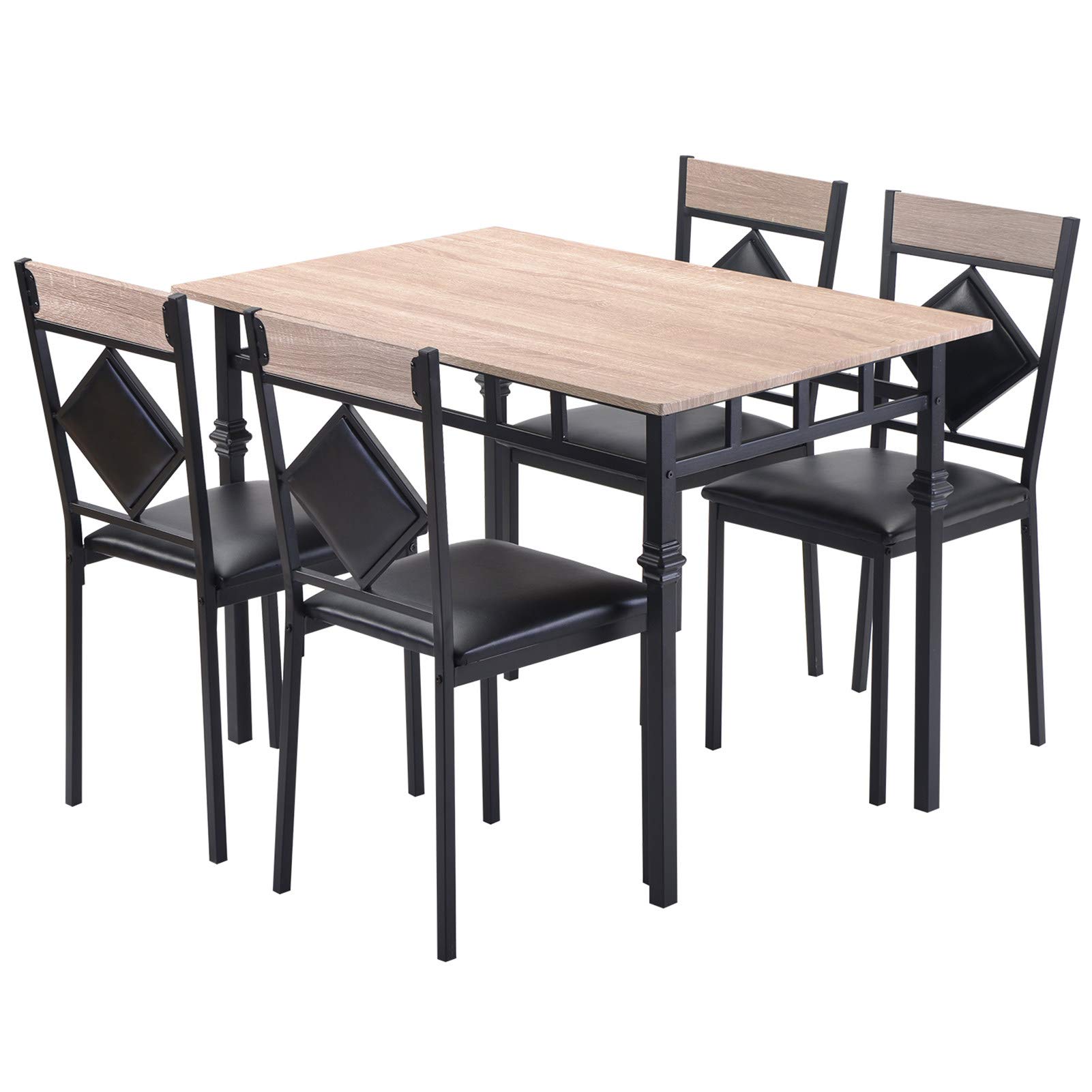 5-Piece Wooden Dining Table Set with Metal Frame & 4 Leather Chairs - Natural Kitchen Table for Family Meals, Dinner Parties & Small Space Dining Rooms