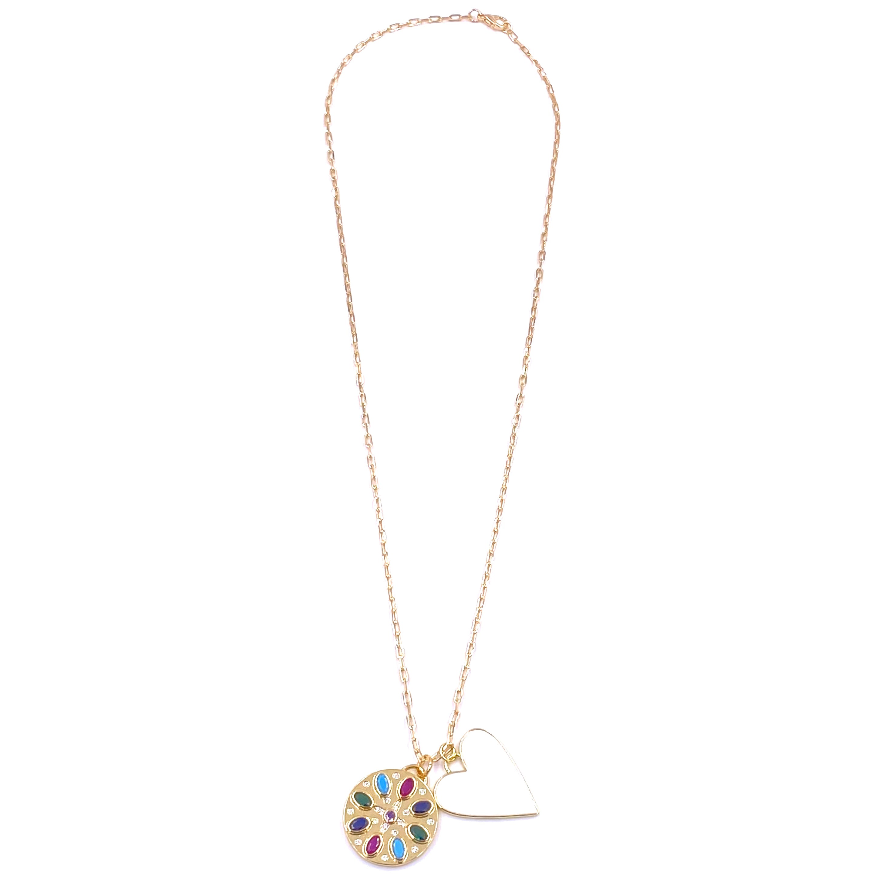 Ashley Gold Stainless Steel Gold Plated Circle CZ Multi-Colored Pendant with Enamel White Heart Necklace | Elegant Jewelry for Women, Perfect Gift for Valentine's Day, Anniversary & Special Occasions