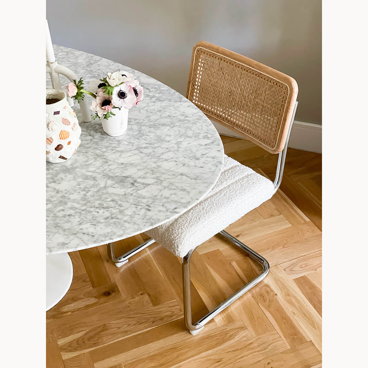 Blake Rattan Boucle Dining Chair - Modern Woven Rattan Accent Chair for Kitchen, Dining Room, or Breakfast Nook - Comfortable & Stylish Seating for Home Decor