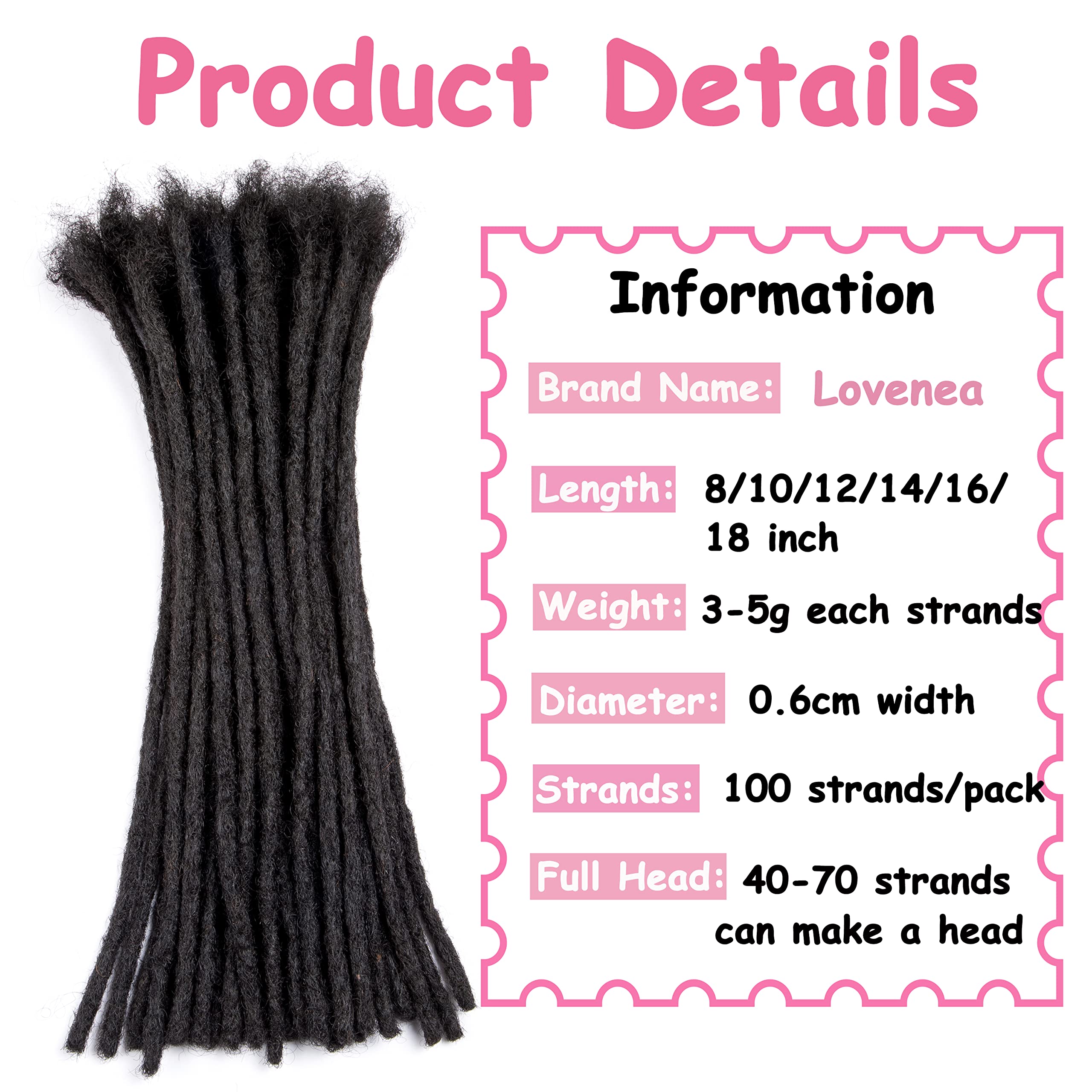 6 Inch 100 Strands Natural Black Human Hair Dreadlocks Extensions - 0.6cm Width Permanent Loc Extensions for Women & Men - Perfect for Protective Styles, Boho Looks & Hair Growth (6