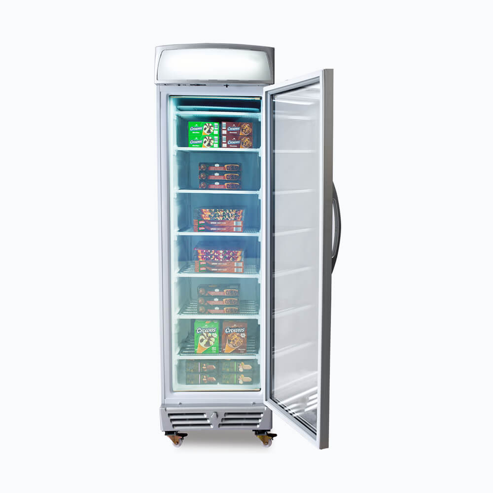 Bromic 300L Commercial Upright Display Freezer with LED Lightbox & Flat Glass Door - UF0374LS - Perfect for Supermarkets, Convenience Stores, and Restaurant Food Display