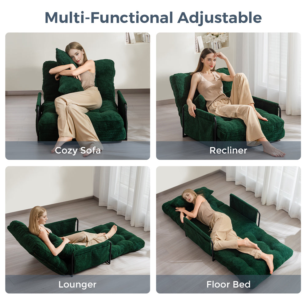 MAXYOYO Adjustable Floor Sofa Couch with Pillow - Boucle Convertible Lazy Sofa Sleeper Bed with Armrest, Single Seat Green - Perfect for Small Spaces, Living Room Lounging & Guest Bed