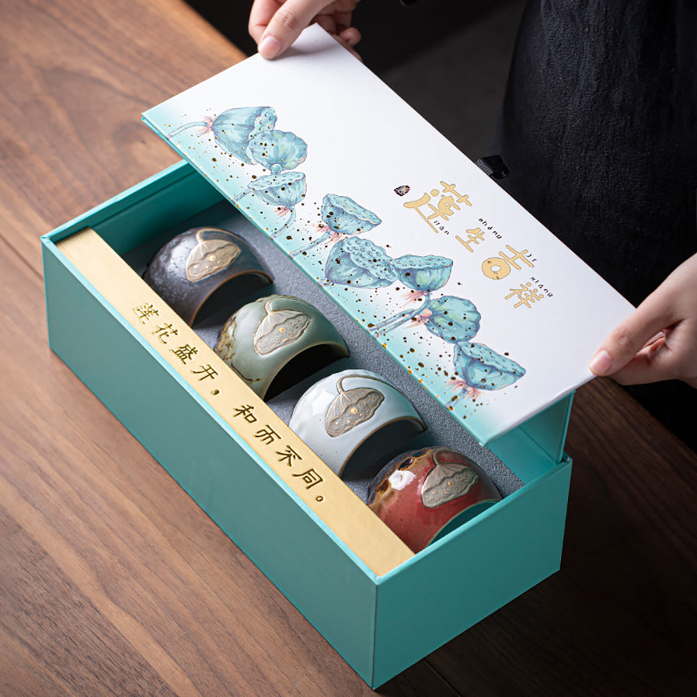 Premium Handcrafted Kiln-Fired Lotus Kung Fu Tea Cup Set of 4 - Traditional Chinese Ceramic Teacups for Gongfu Tea Ceremony, Home Decor & Gift Giving