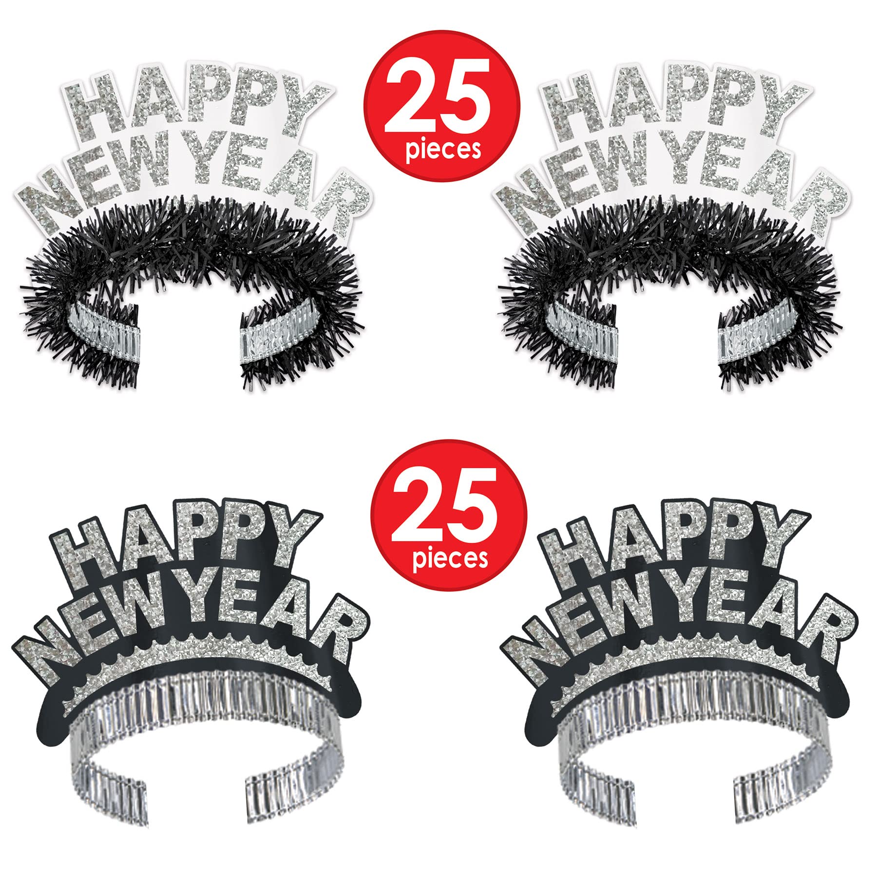 Beistle 1920s New Year’s Eve Party Pack for 100 Guests - Black, White & Silver NYE Decorations, Top Hats, Tiaras, Necklaces & Noise Makers - Great for 1920s Themed Parties, Countdown Celebrations & NYE Photo Booths