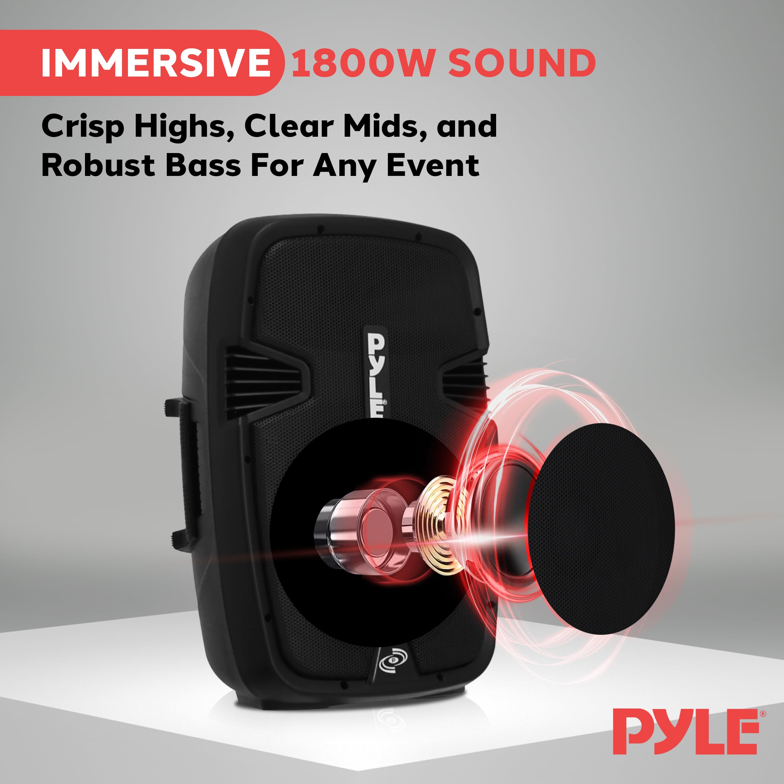 Pyle Wireless Portable PA System Kit - 1800W Peak Power Bluetooth Speaker System with Active & Passive Speakers, USB/SD/AUX/XLR/RCA Inputs, Includes 2 Stands, Wired Mic & Remote - Perfect for Outdoor Events, Parties, Weddings & Live Performances