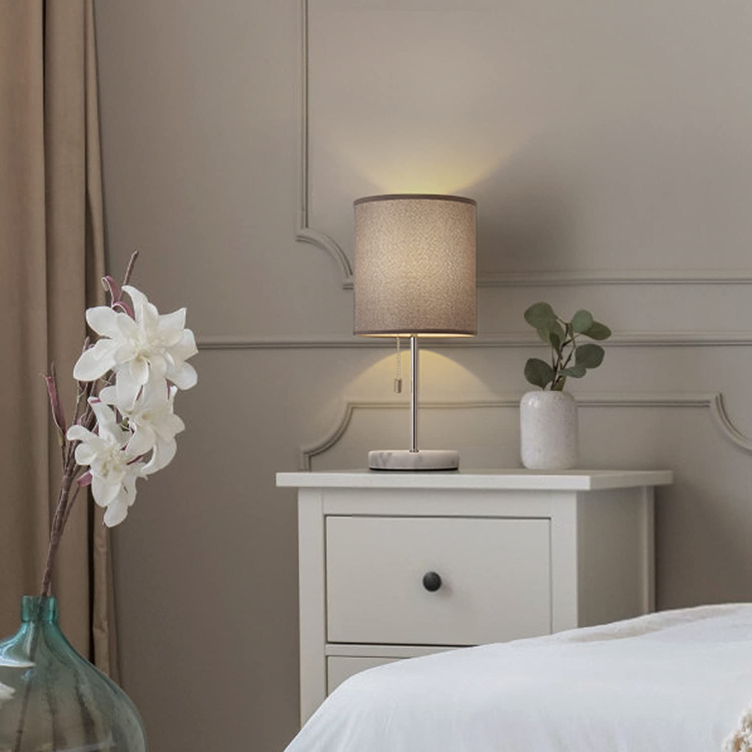 HAITRAL Marble Base Bedside Table Lamp with Grey Fabric Shade - Stylish Nightstand Lamp for Bedroom, Living Room, Office, Kids Room - Perfect for Reading, Relaxing, and Decorating