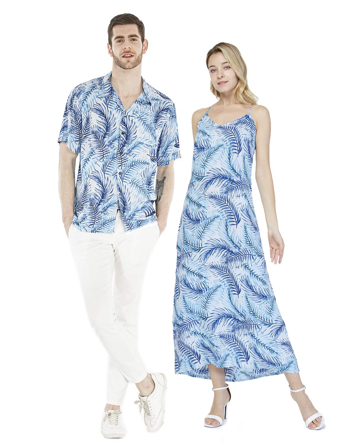 **Matching Couple Hawaiian Luau Shirts & Maxi Sweetheart Dress - Neon Sunset Print for Beach Vacation, Summer Party, and Tropical Date Night**