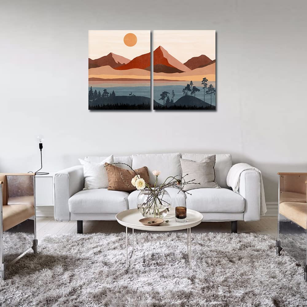 Boho Print Mid Century Minimalist Art Prints - Sunset Landscape Wall Art, Modern Abstract Canvas for Living Room, Bedroom & Kids Room Decor - Set of 2 Framed Posters (24x36 inches) - Perfect for Home, Office & Gift Giving