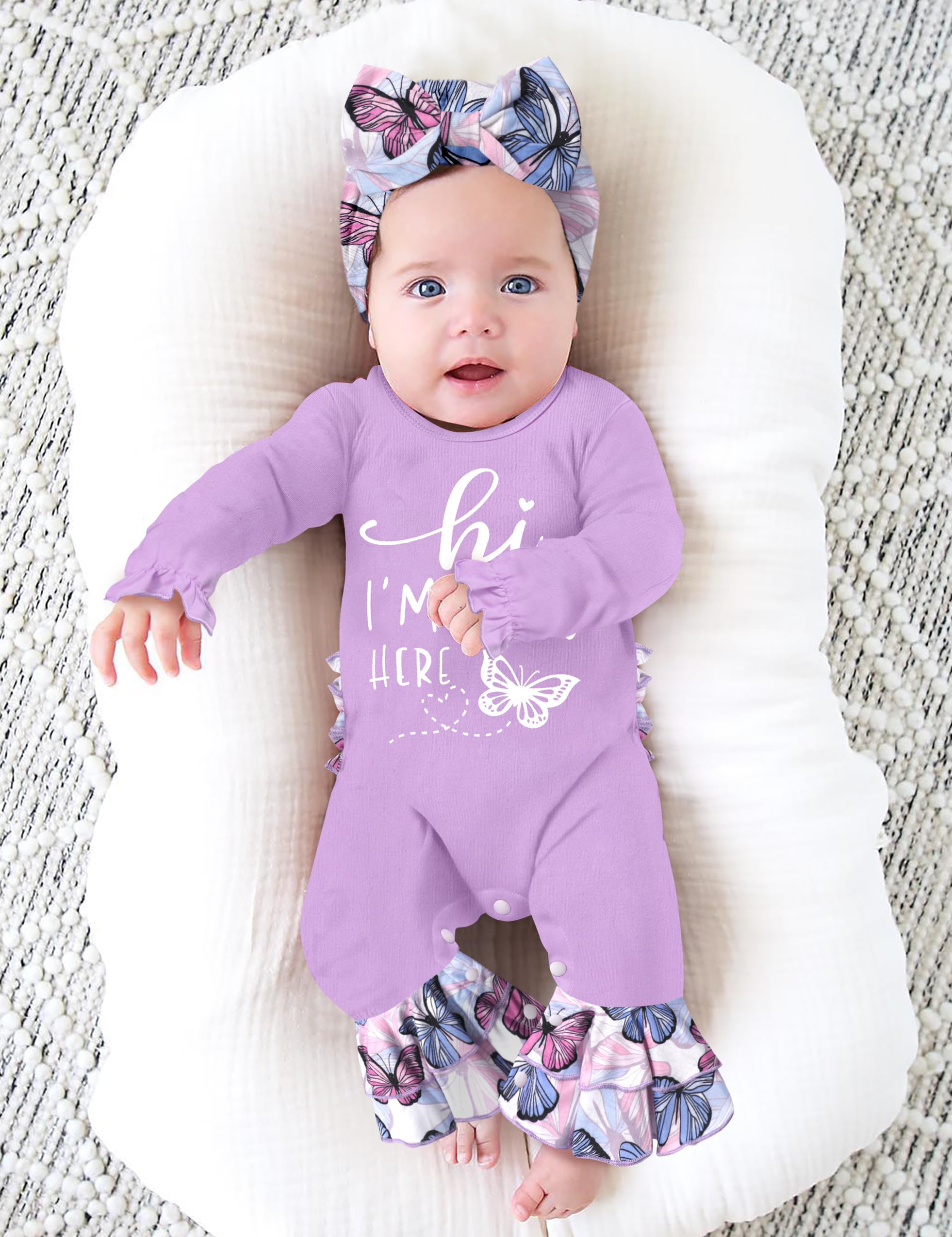 Adorable Newborn Baby Girl Outfit - Ruffle Letter Print Romper with Bell Bottom & Matching Headband Hat | Boho Chic Infant Jumpsuit for Photos, Parties & Everyday Wear