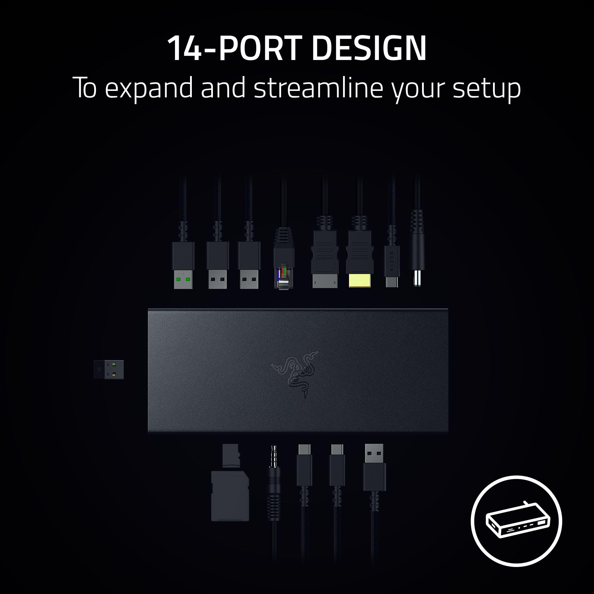 Razer USB 4 Dock - 14-in-1 Thunderbolt 4 Hub with HDMI, DisplayPort, Ethernet, USB-C/A, SD Card Reader & 3.5mm Audio - 4K 120Hz Dual Monitor Support - 100W Fast Charging for Laptop & Phone - Compact Aluminum Design - Windows & Mac Compatible - Perfect for Home Office, Gaming & Productivity Setup