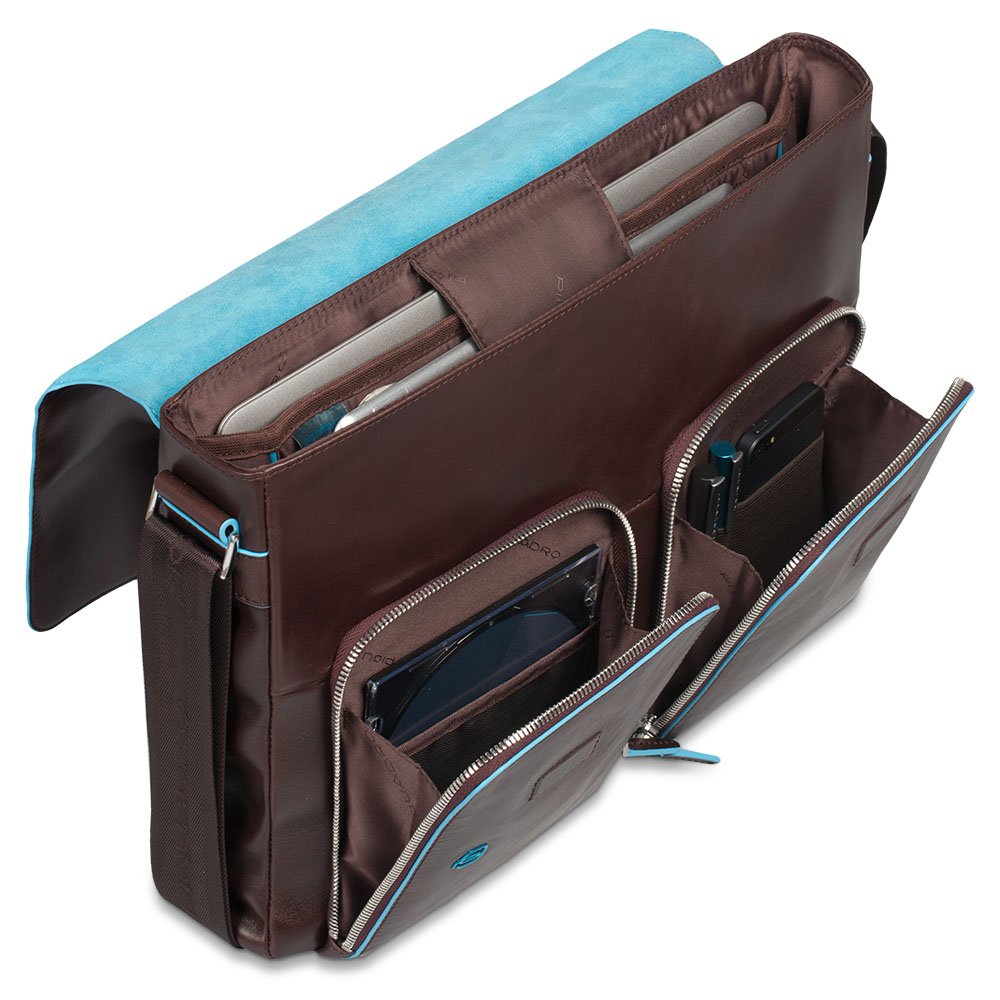 Piquadro Flap Over Computer Messenger Bag for Laptop & iPad Air - Mahogany Brown Business Briefcase for Work, Travel & School | Durable & Stylish Office Bag