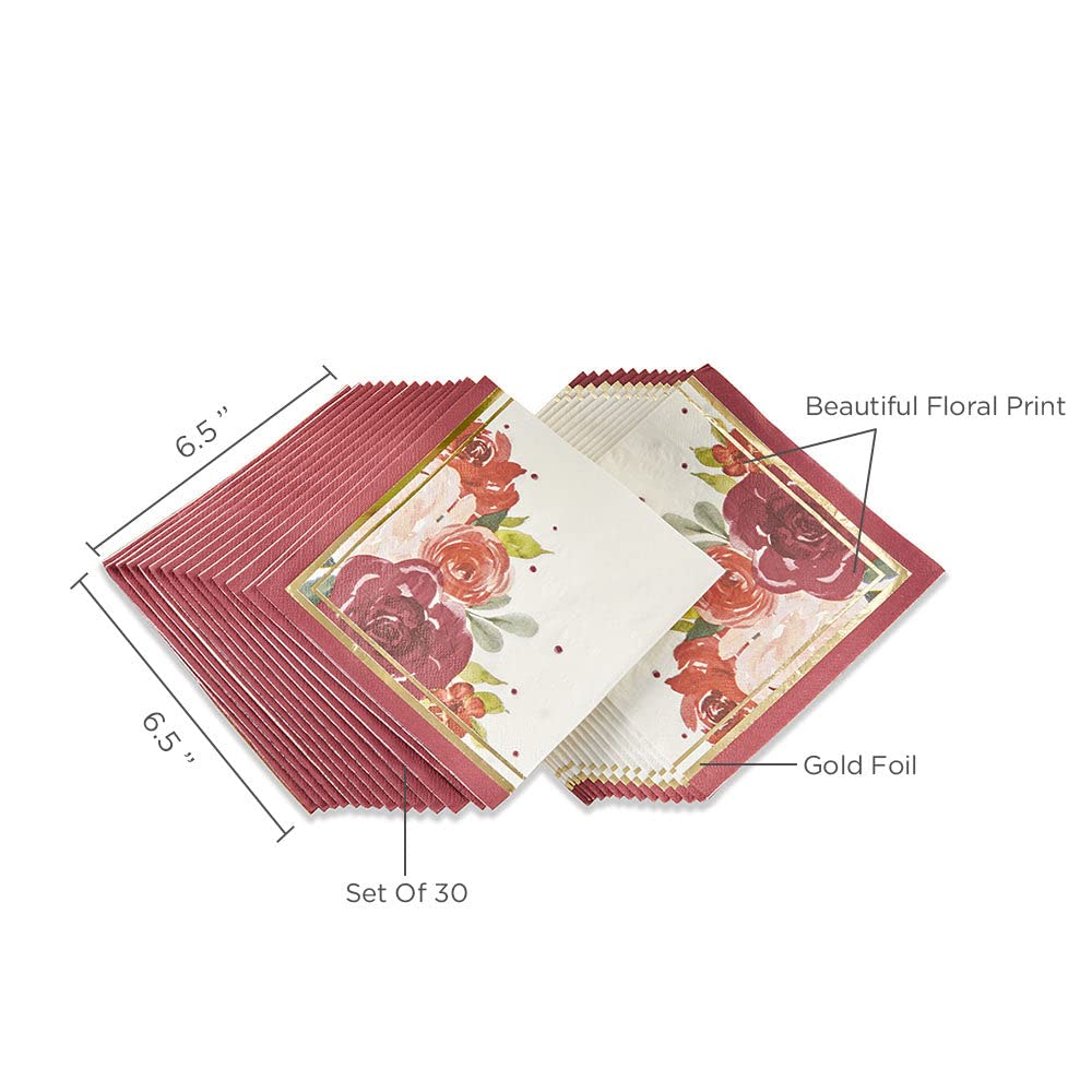 Kate Aspen 120-Count Burgundy Blush Floral Paper Napkins - 6.5 Inch 2-Ply Disposable Party Napkins for Weddings, Birthdays, Baby Showers & Anniversary Celebrations - Elegant Tableware for Dinner Parties, Bridal Showers & Special Events